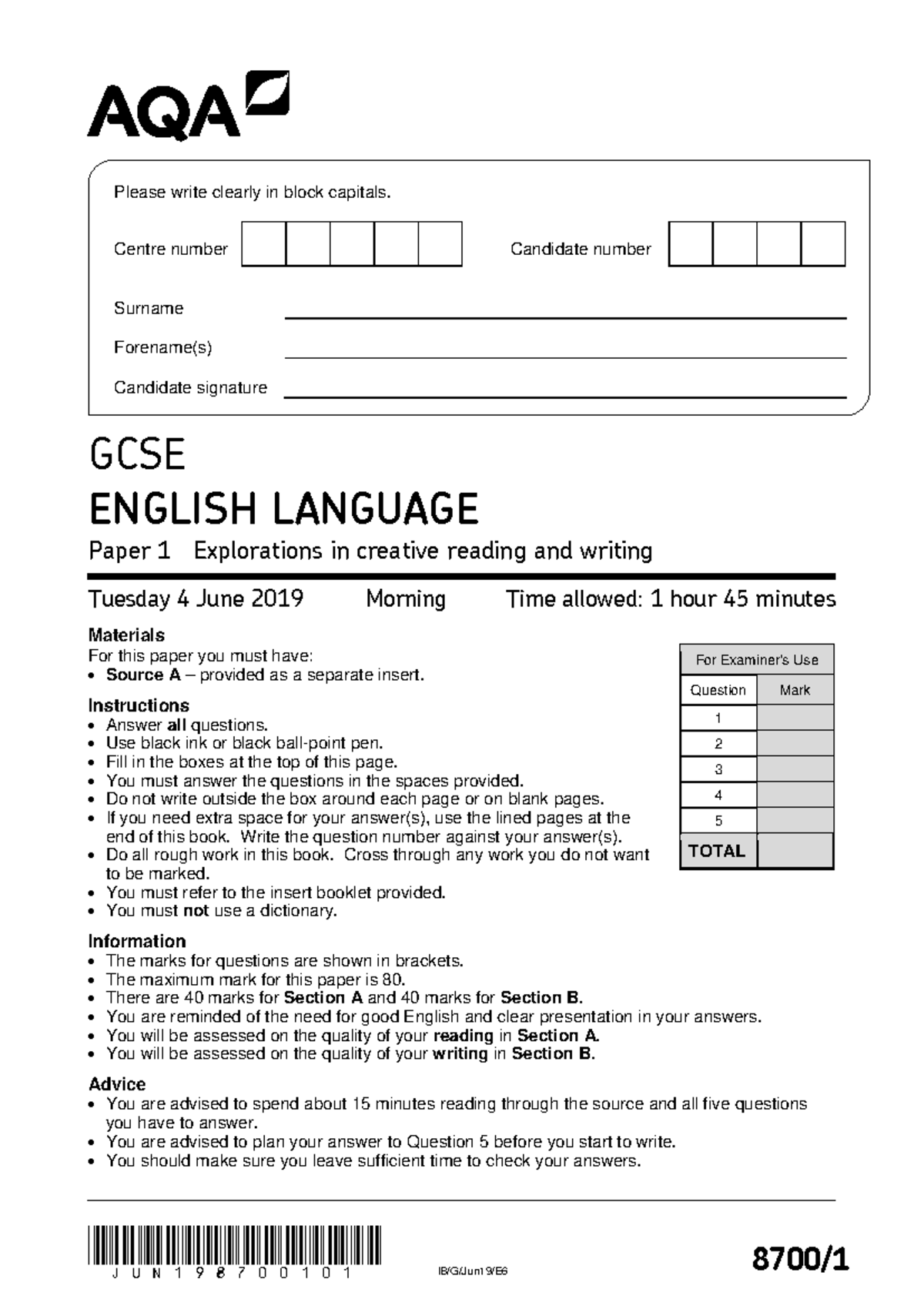 AQA 87001 GCSE English Language Paper 1 Exam June 2019 - Studocu