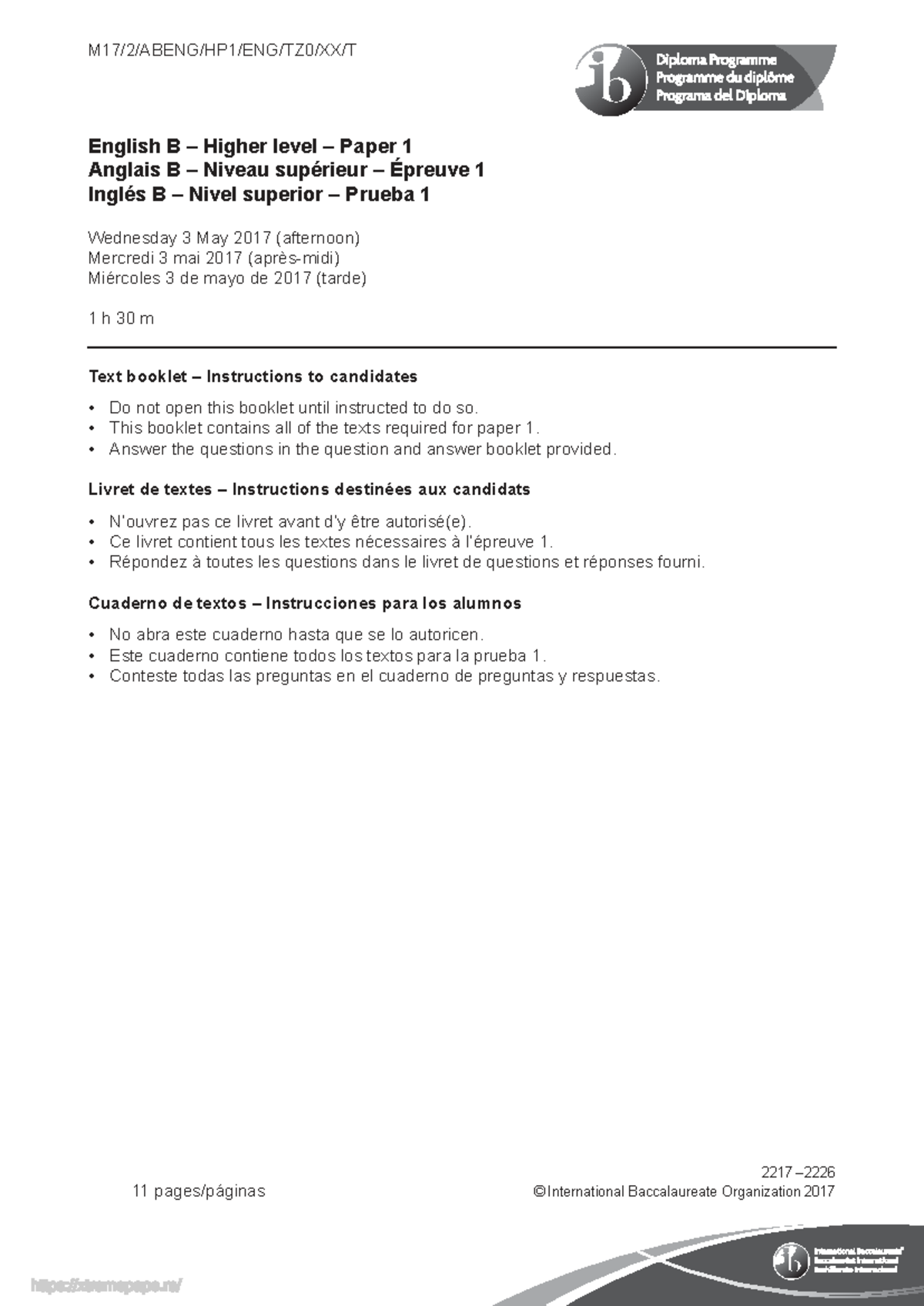 English B HL Paper 1 Text Booklet - May 3, 2017 - Studocu