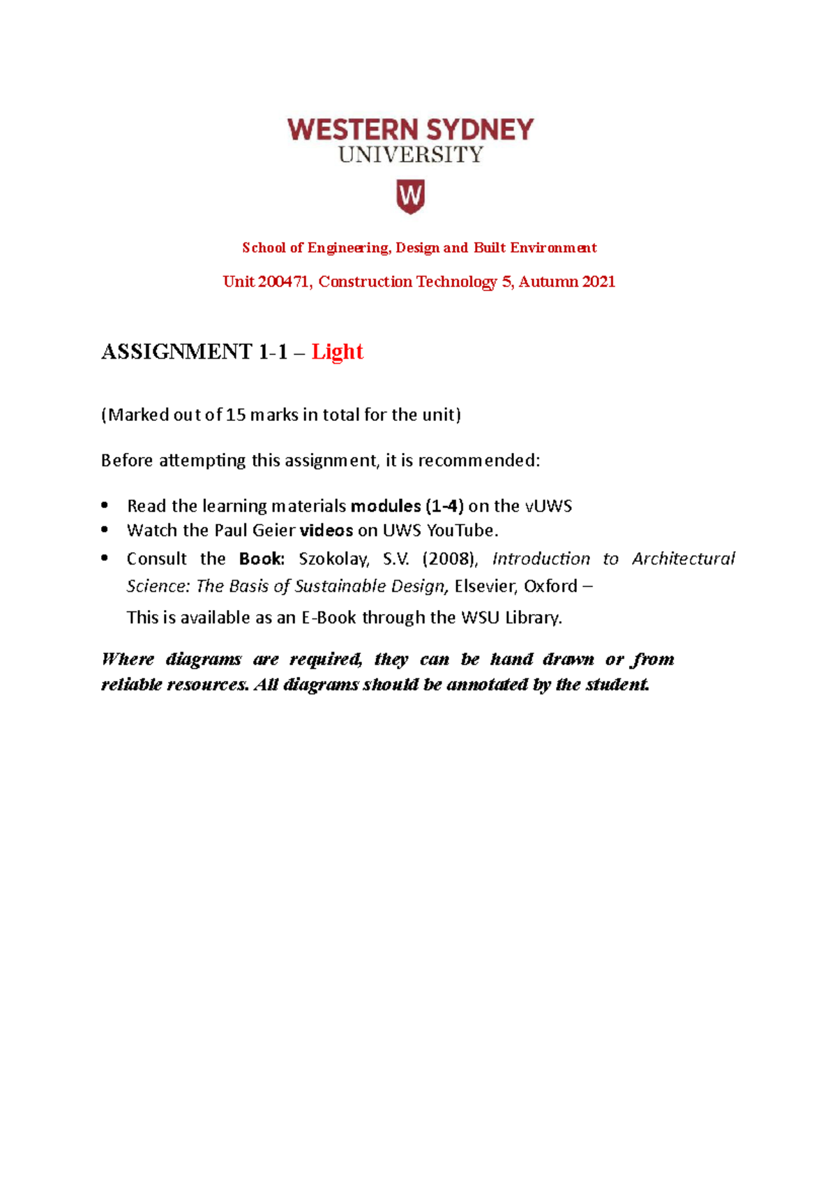 Light questions - Construction Technology 5 Assignment 1 - School of ...