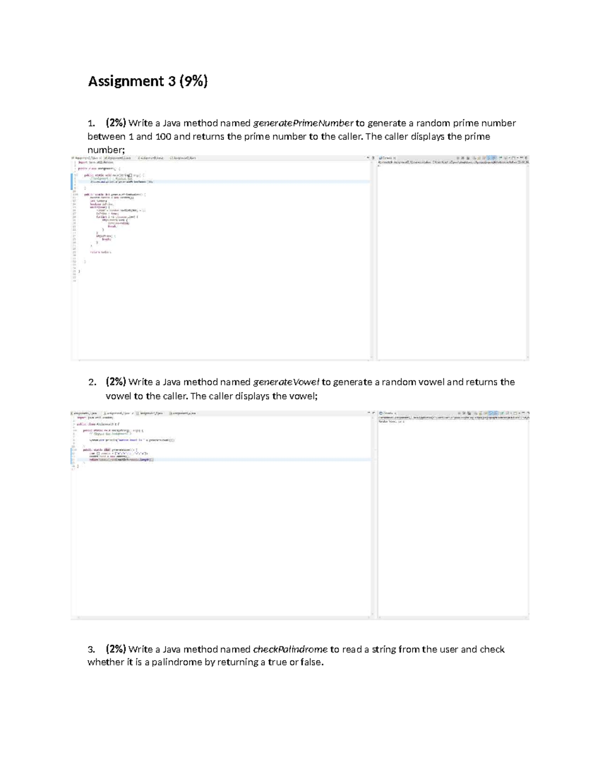 Assignment 3 - Java Methods for Prime, Vowel, and Palindrome - Studocu