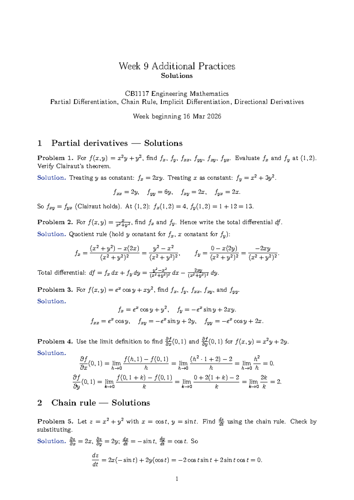 Week 9 Solutions: Engineering Math - Partial Differentiation & Chain ...