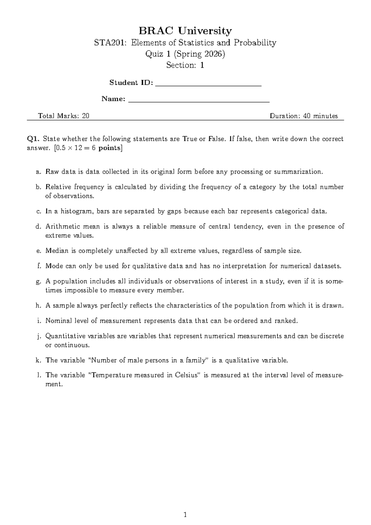 BRAC University STA201: Elements of Statistics Quiz 1 (Spring 2026 ...