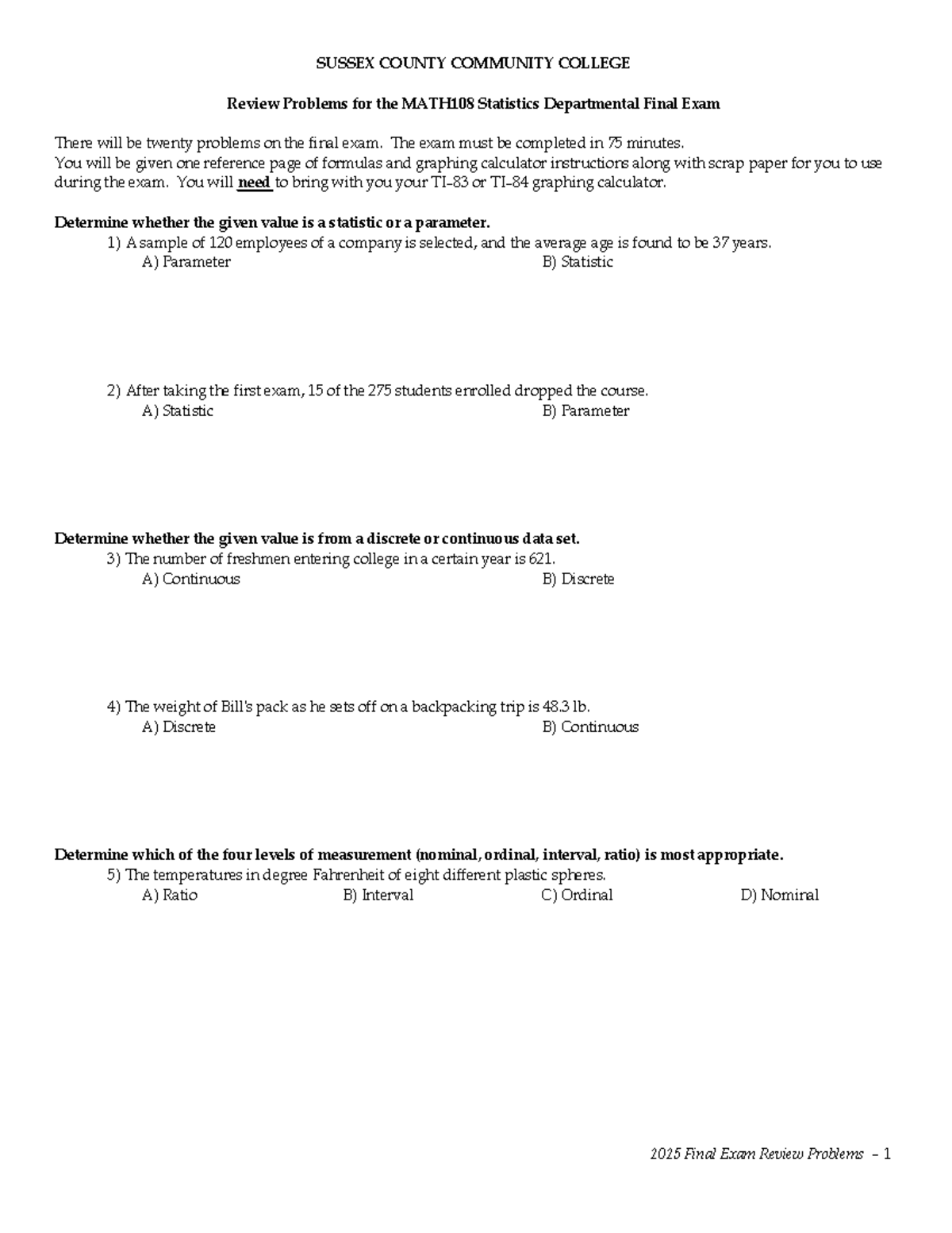 MATH108 Final Exam Review Problems - Studocu