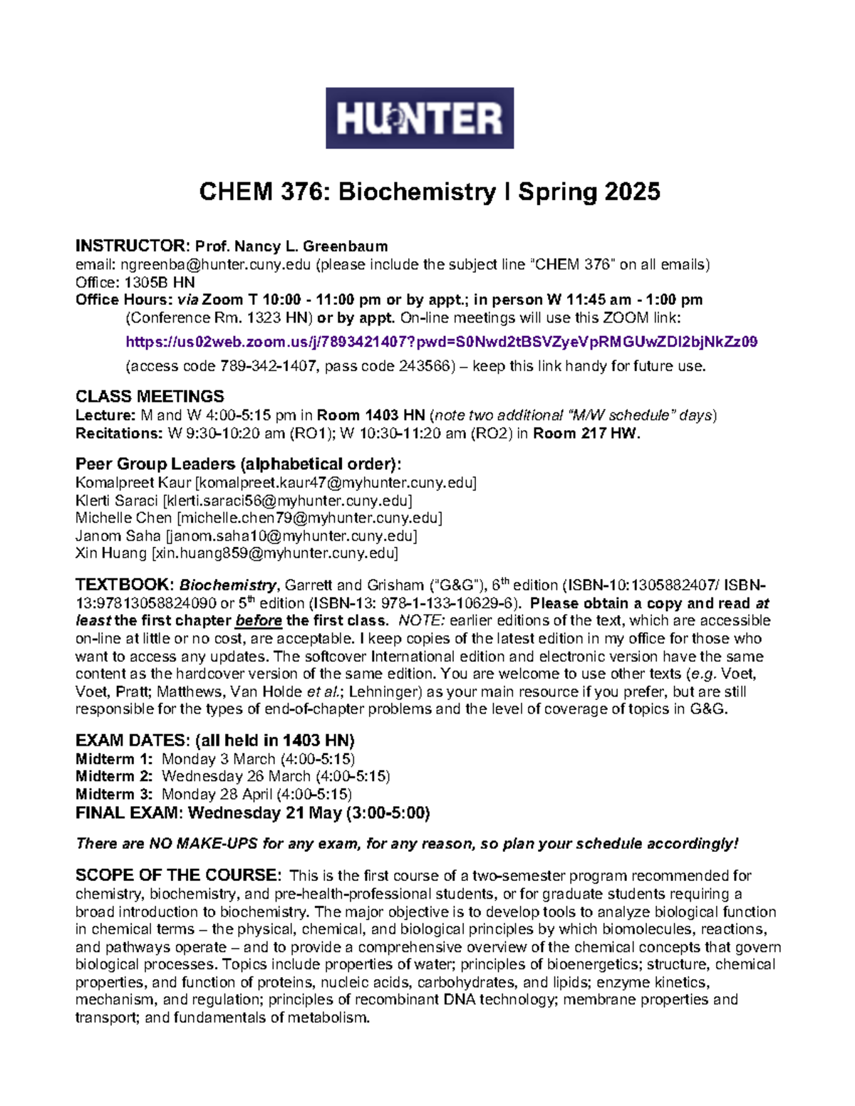 CHEM 376 Syllabus for Biochemistry I - Spring 2025 by Greenbaum - Studocu