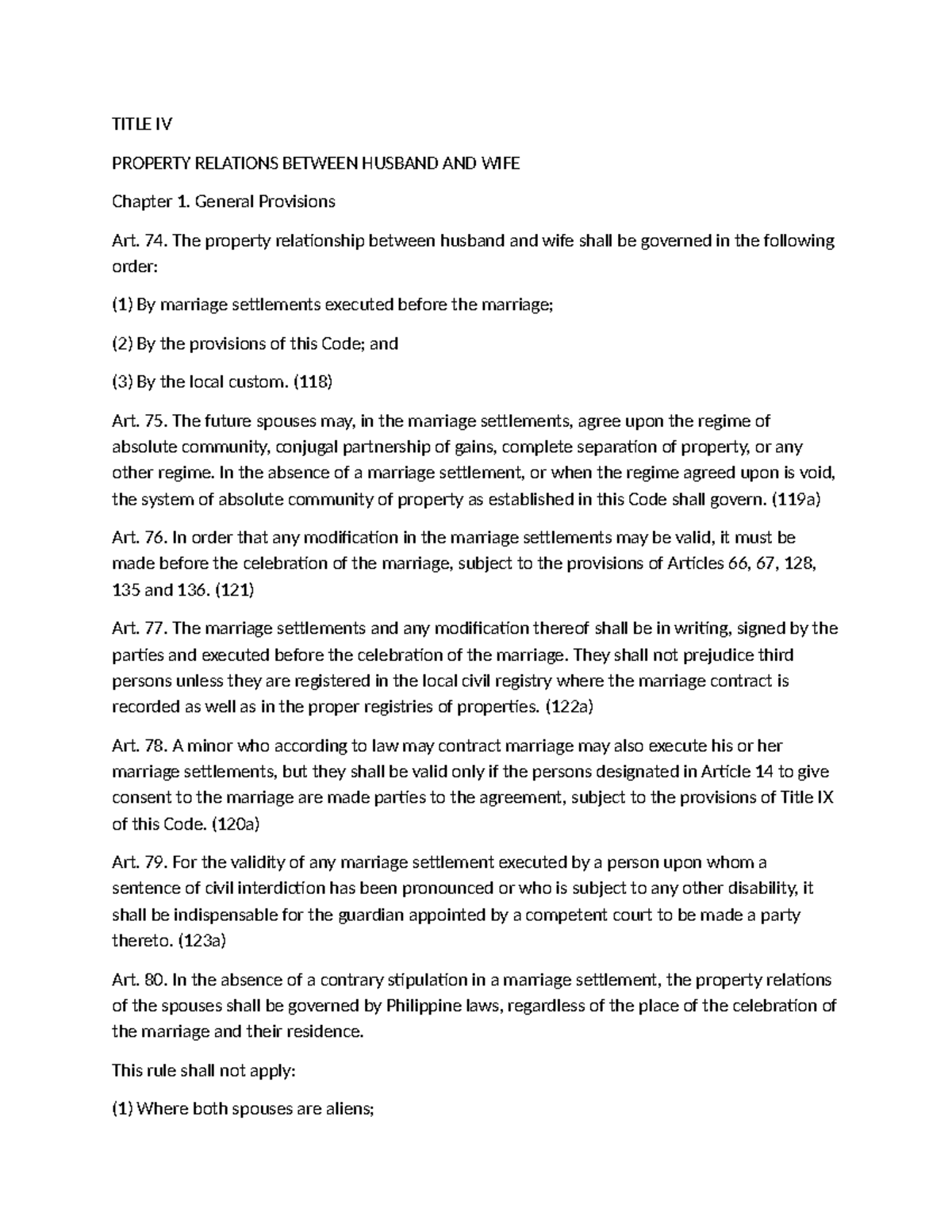 Family CODE (Title IV) Property Relations Between Spouses: General ...