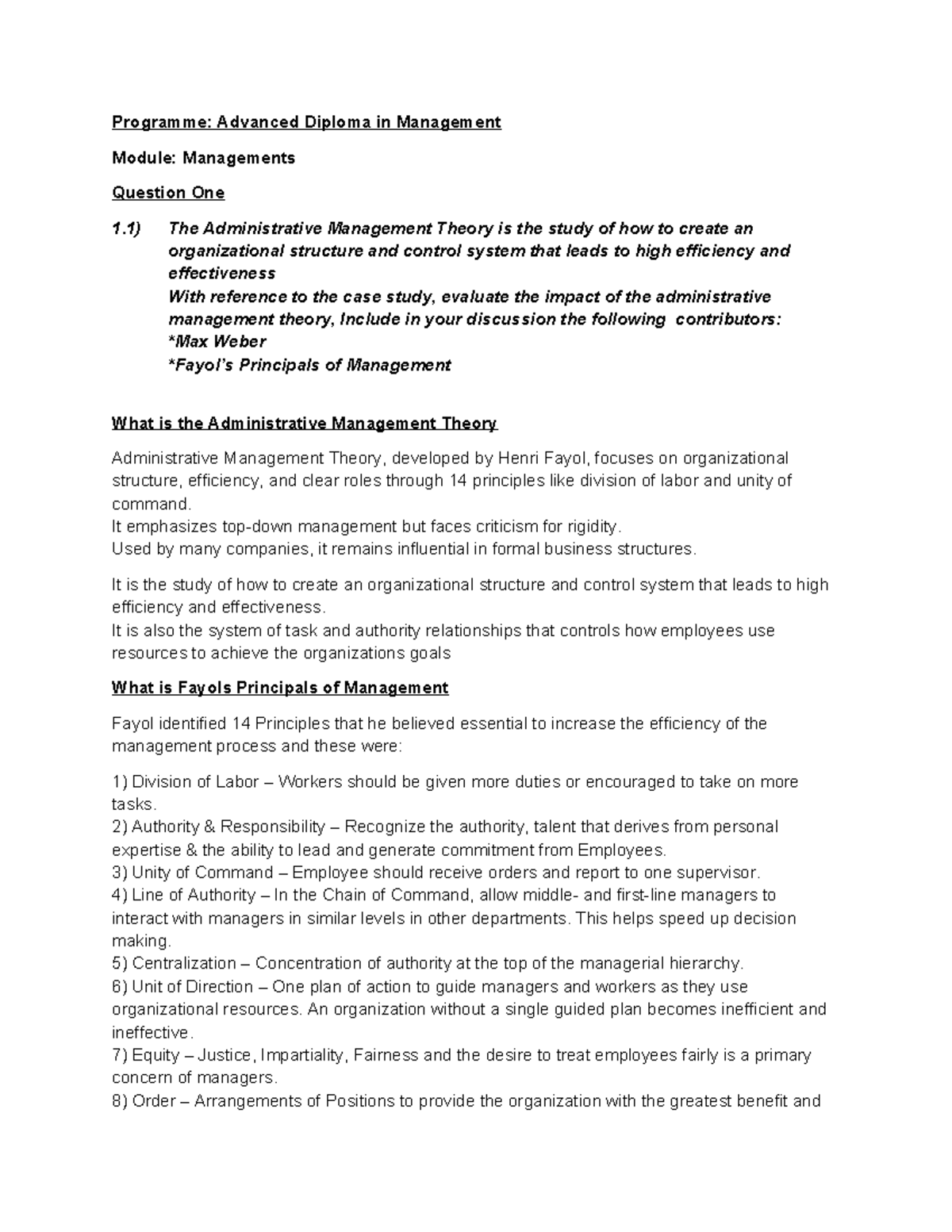 Assignment - Management: Evaluating Administrative Management Theory ...