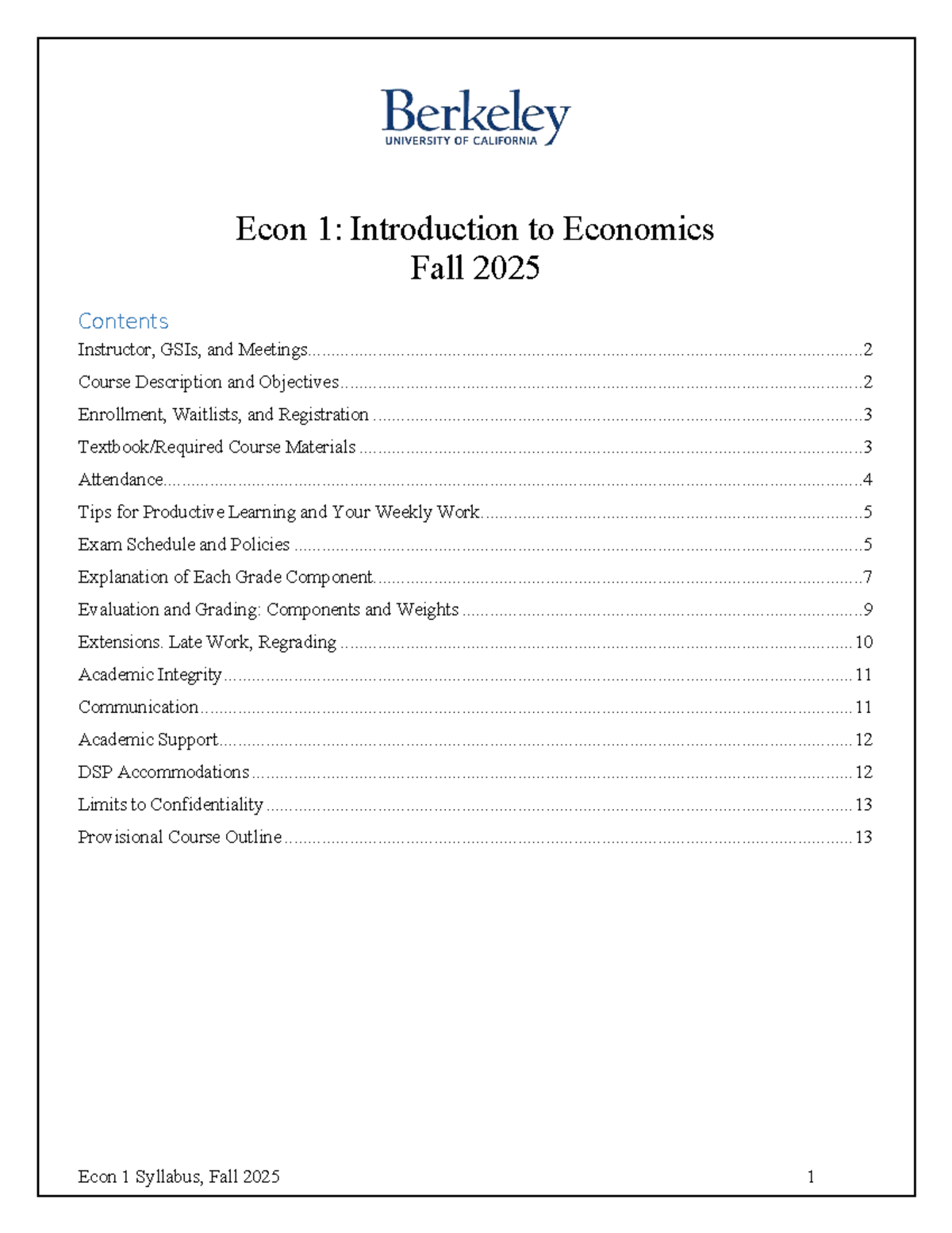 Econ 1 Syllabus: Introduction to Economics - Fall 2025 - Studocu