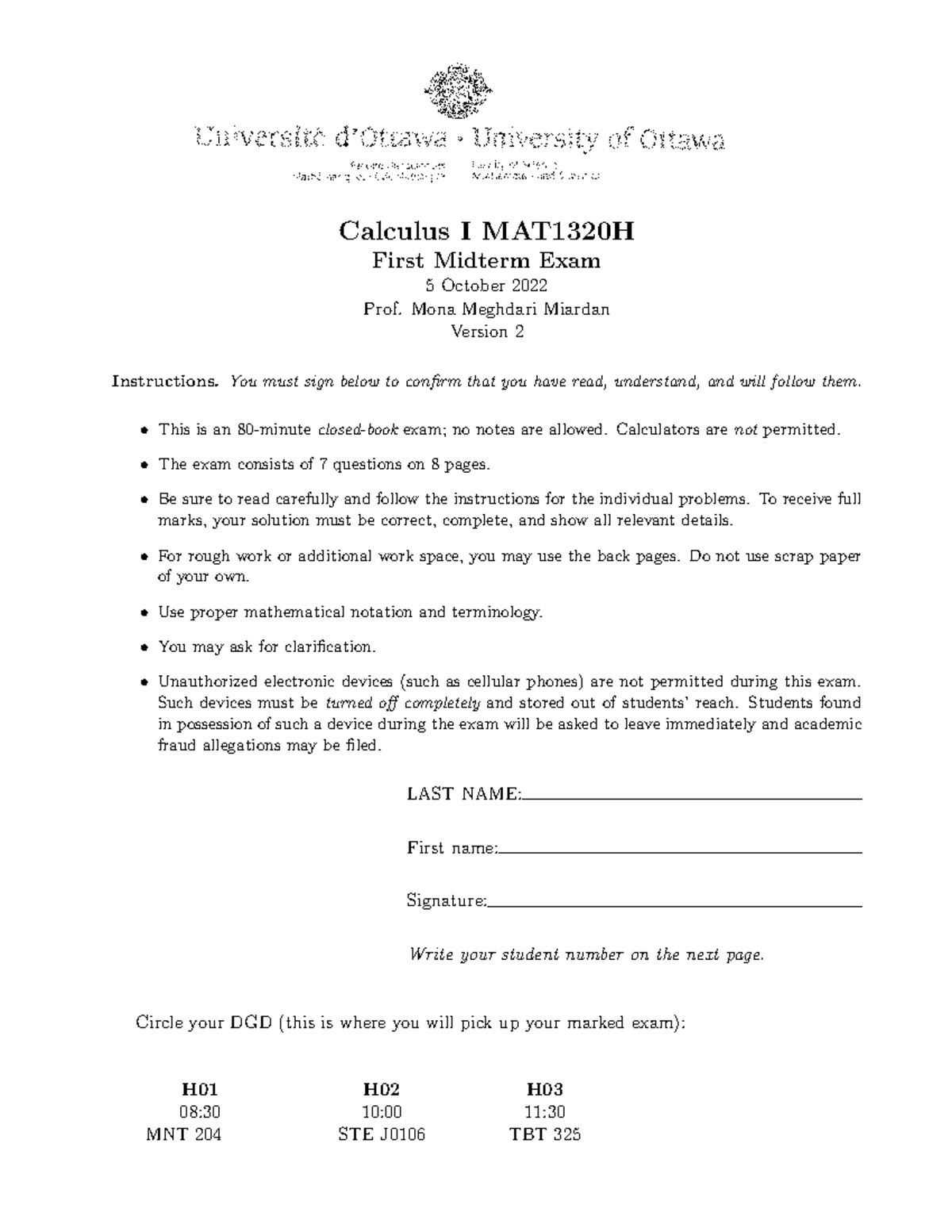 Calculus I MAT1320H First Midterm Exam Instructions & Questions - Studocu