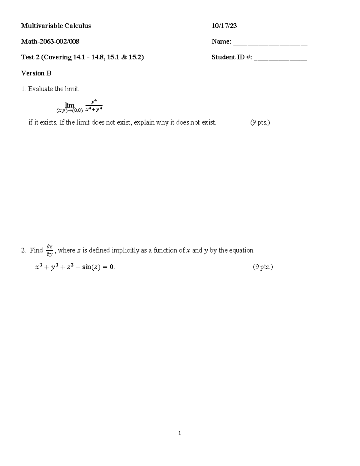 Multivariable Calculus 2063 Test 2 Review (Ch. 14.1-15.2) - Studocu