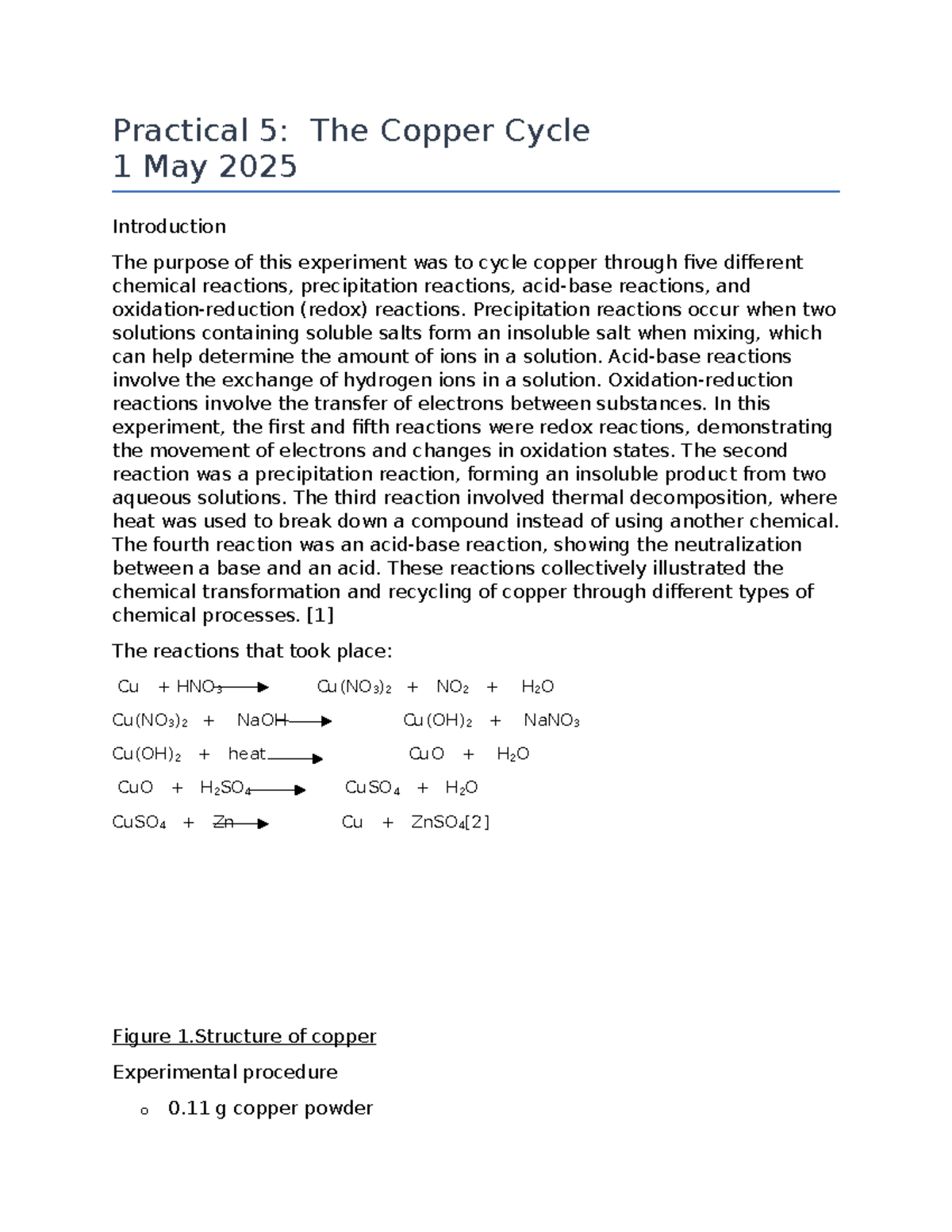 Practical 5: The Copper Cycle Experiment - Chem 210 Analysis - Studocu