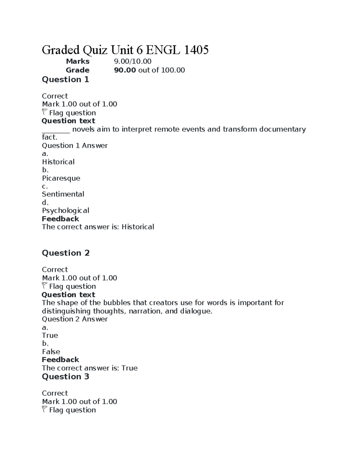 ENGL 1405 Unit 6 - Graded Quiz Results and Feedback Analysis - Studocu