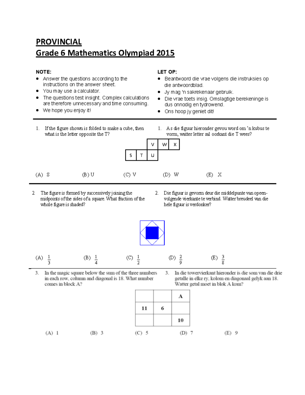 Grade 6 Provincial Mathematics Olympiad 2015 Questions - Studocu