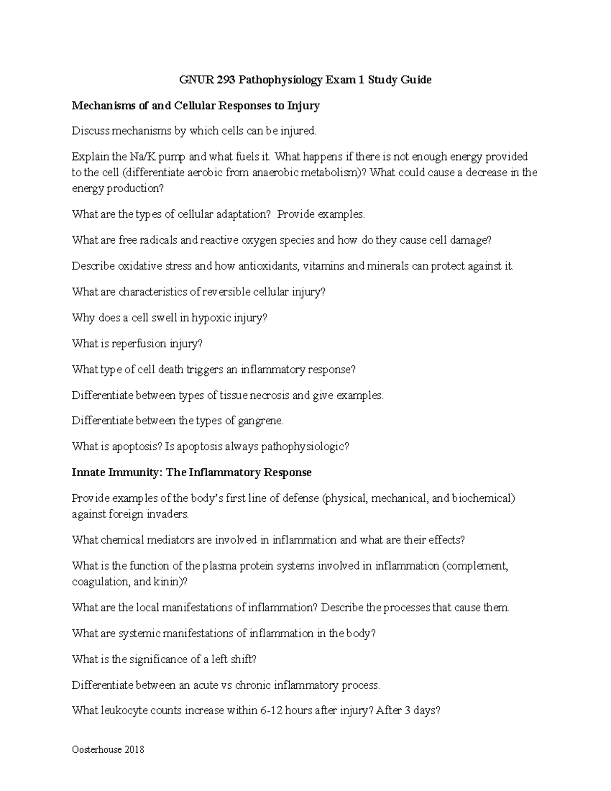GNUR 293 Pathophysiology Exam 1 Comprehensive Study Guide 2018 - Studocu