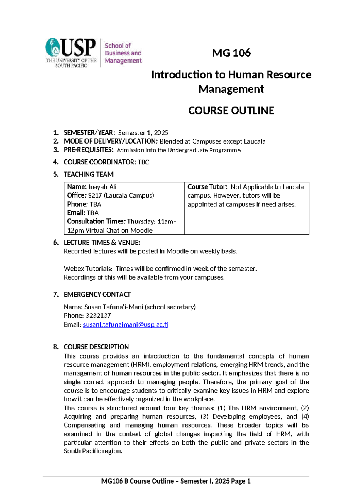 MG106 B Course Outline: Introduction to Human Resource Management S1 ...