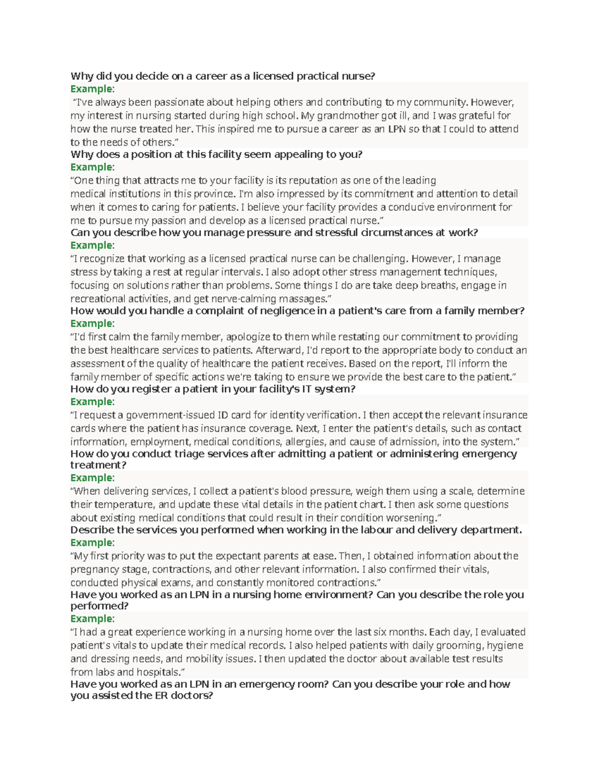 Interview Preparation for Licensed Practical Nurse (LPN) - Studocu