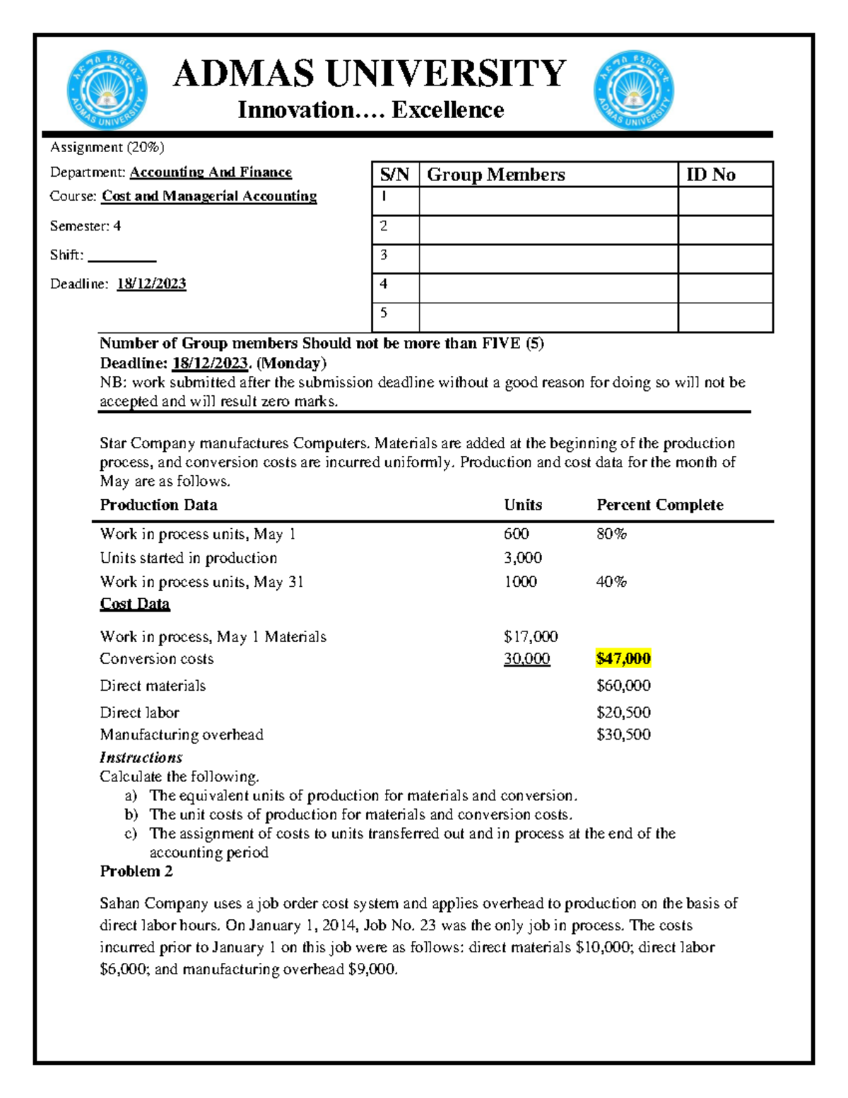 Cost and Managerial Accounting 1: Assignment on Cost Assignment - Studocu