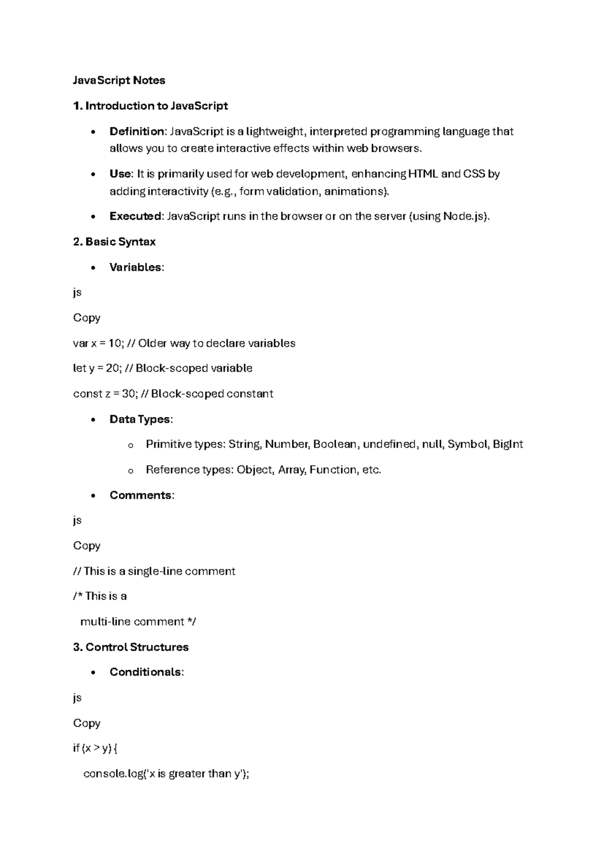 Java Script Notes - JavaScript Notes Introduction to JavaScript ...