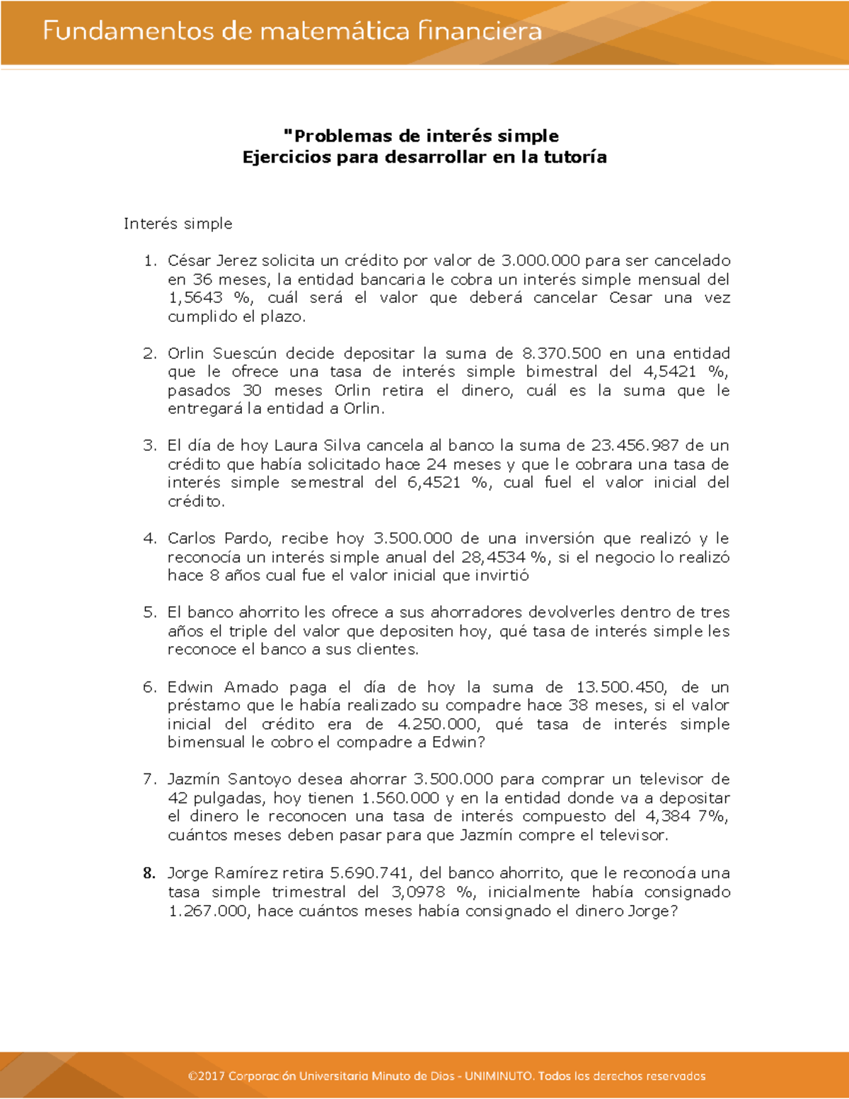 Problemas de interés simple Ejercicios para desarrollar en la tutoría ...