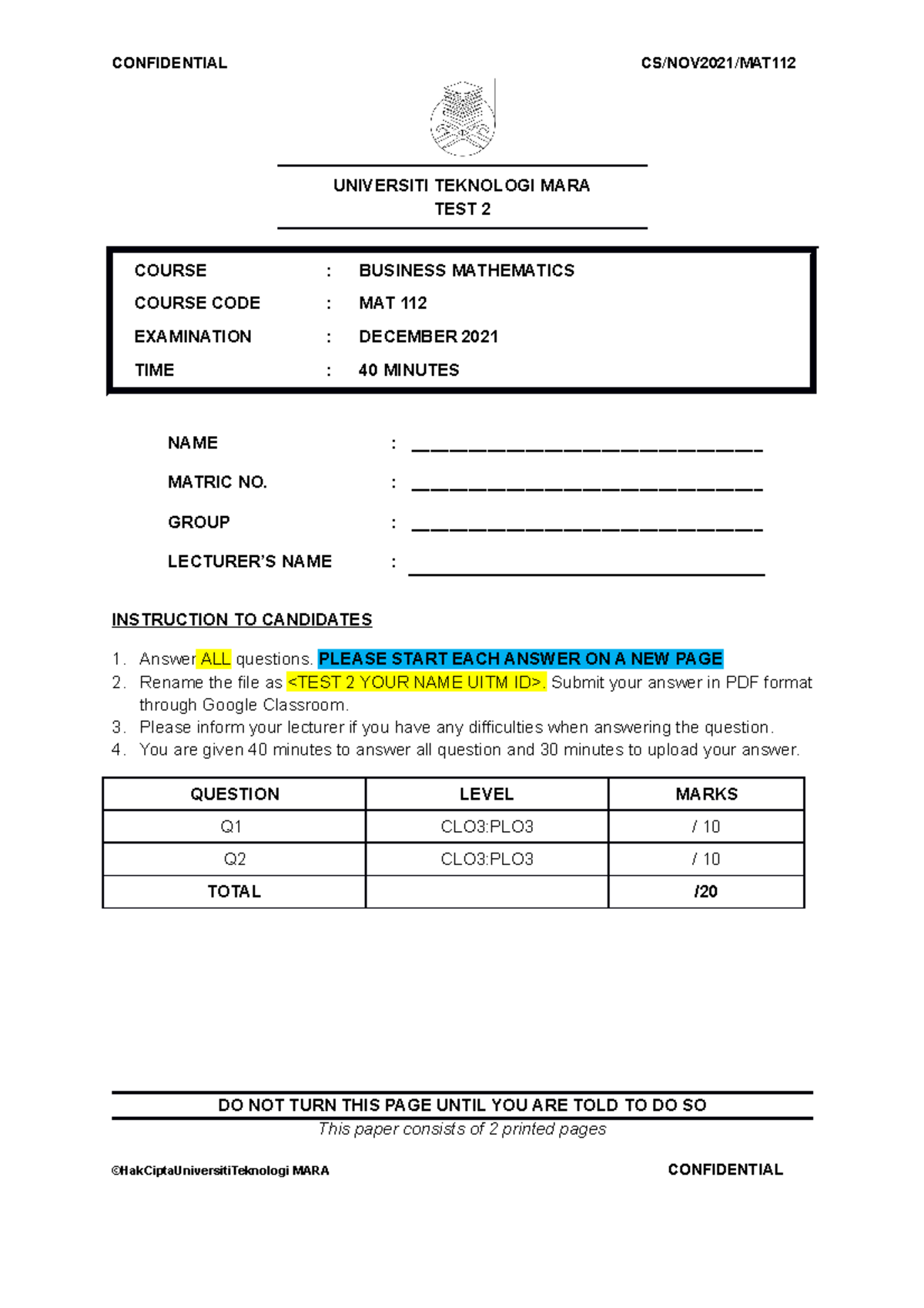 Test 2 - Business Mathematics (MAT 112) Examination Dec 2021 - Studocu