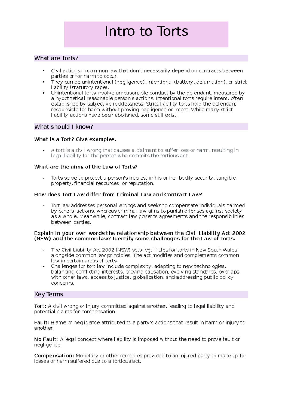 Torts - lecture notes - What are Torts? Civil actions in common law ...