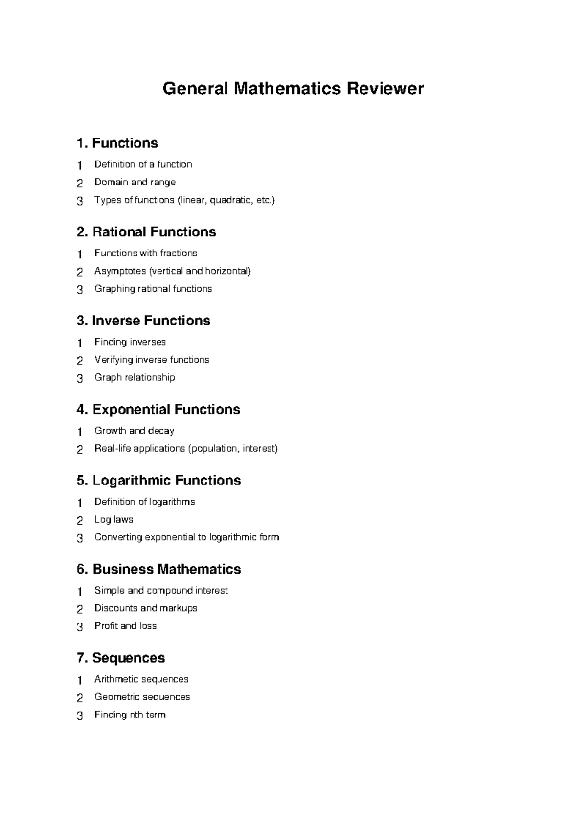 MATH 101: General Mathematics Reviewer on Functions & Sequences - Studocu