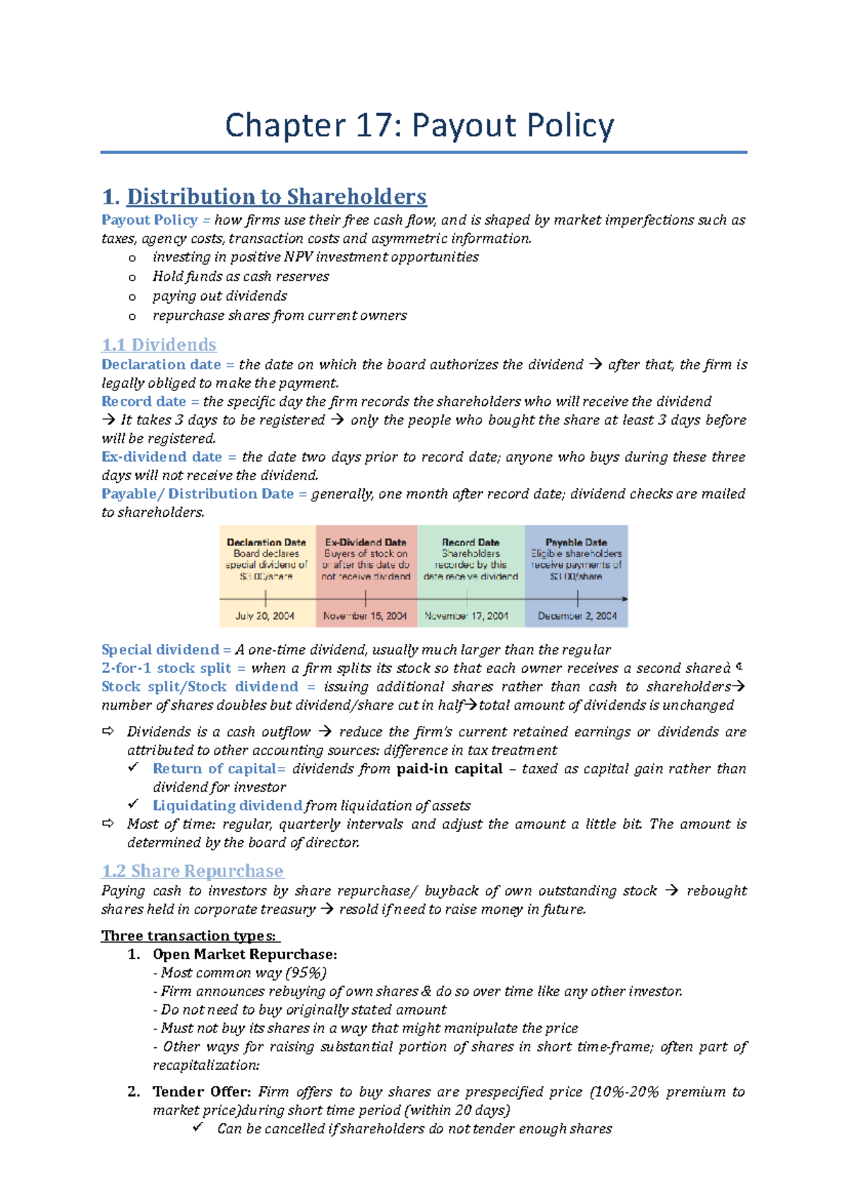 Chapter 17 - Payout Policy Overview: Dividends vs. Share Repurchases ...