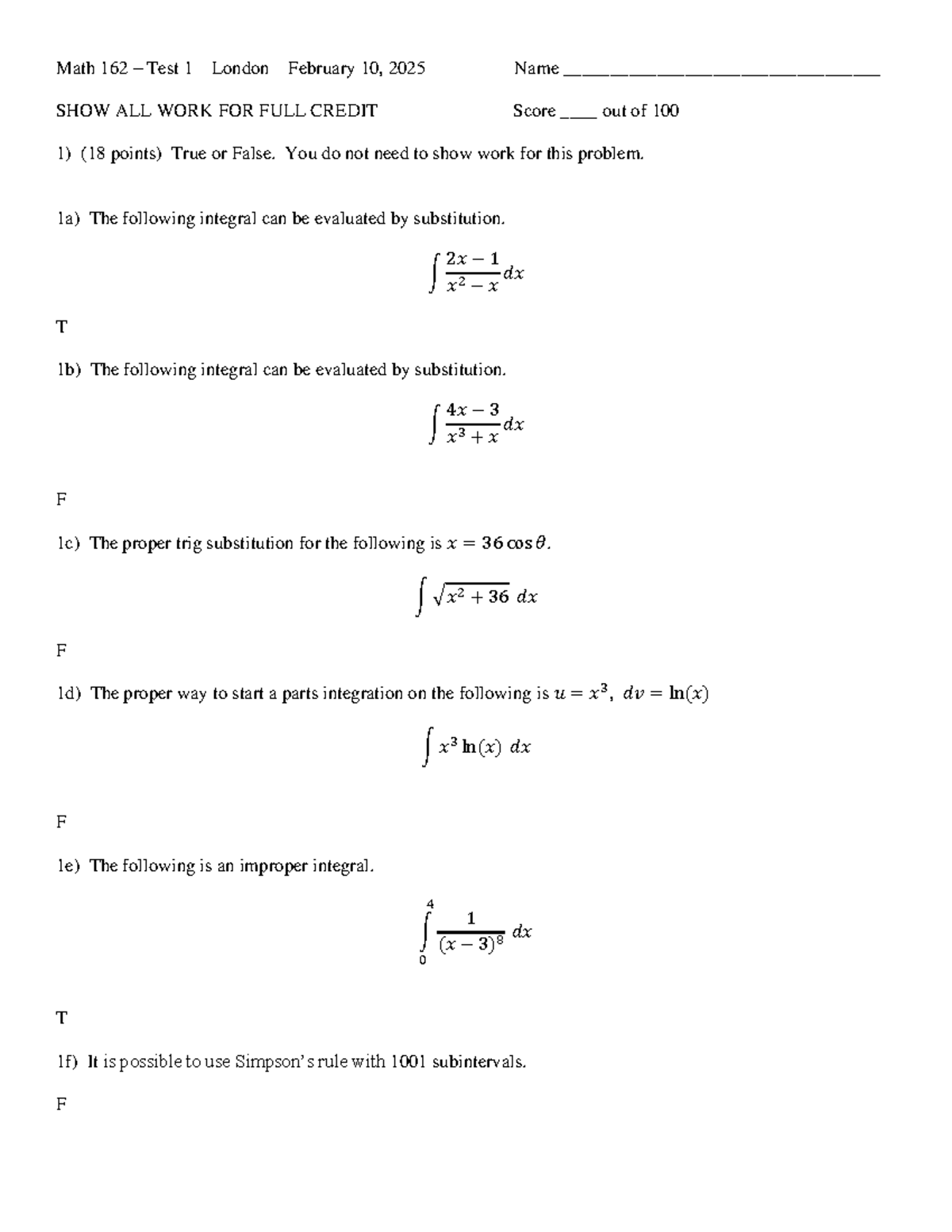 Math162 Test 1 - Integral Evaluation & Volume Calculation - Studocu