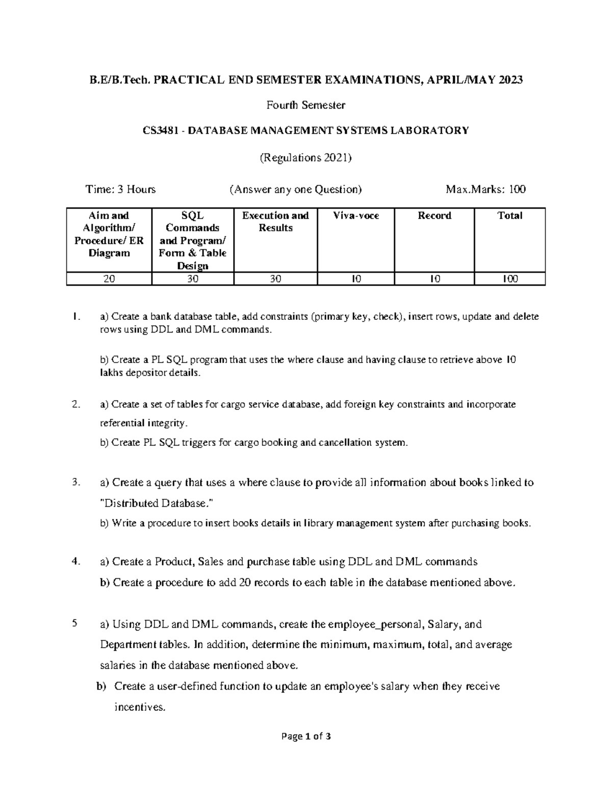 CS3481 - Database Management Systems Lab Practical Exam Questions - Studocu