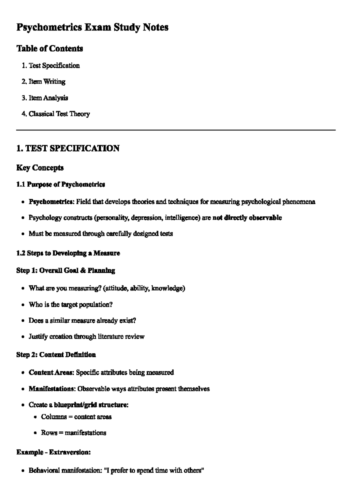 Psychometrics PSY 101 Final Exam Study Notes: Key Concepts & Formulas ...
