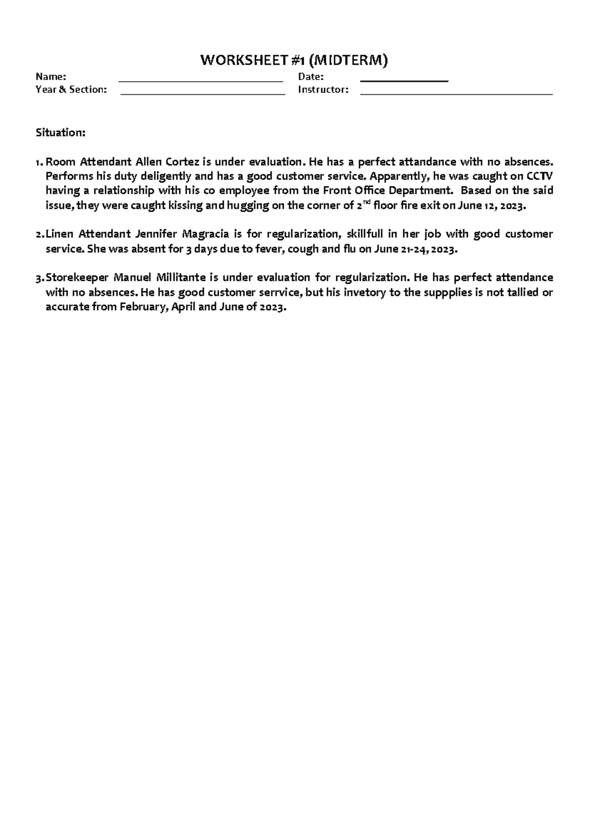 Midterm Worksheet: Employee Performance Review Assessment - Studocu