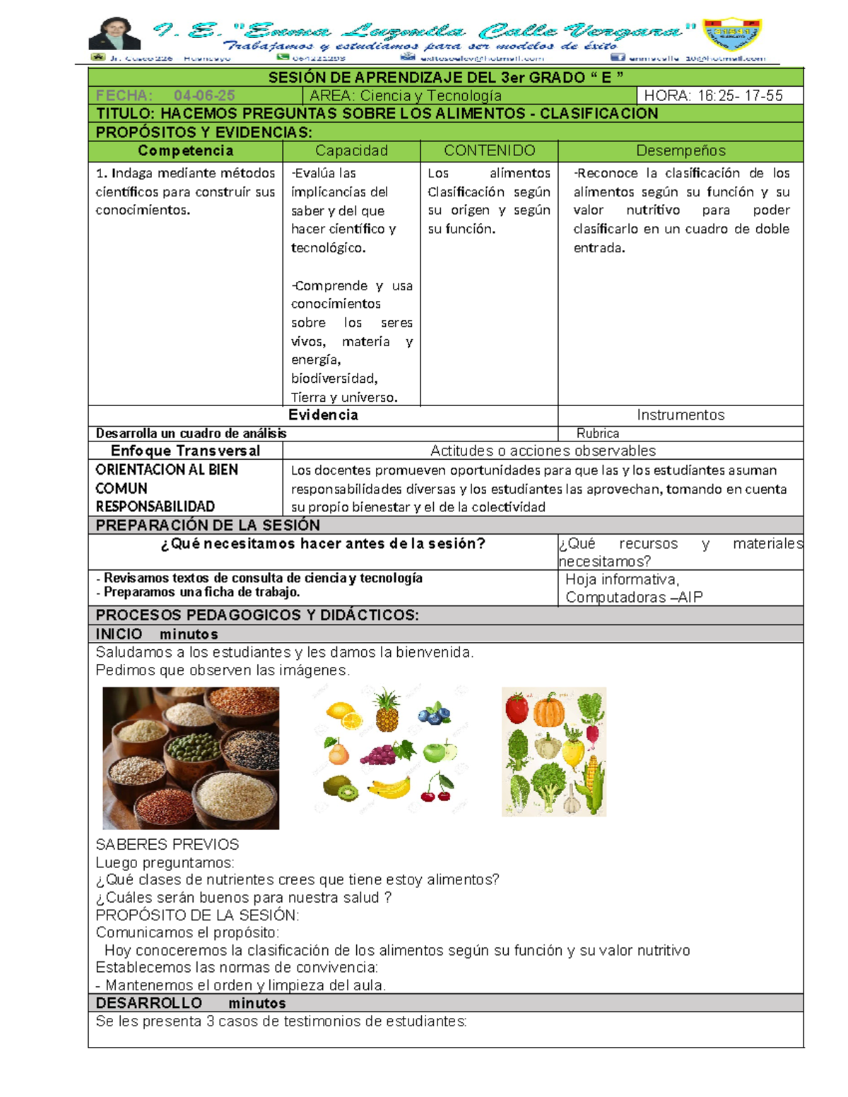 SESION DE APRENDIZAJE 3er GRADO E: CLASIFICACION DE ALIMENTOS - Studocu
