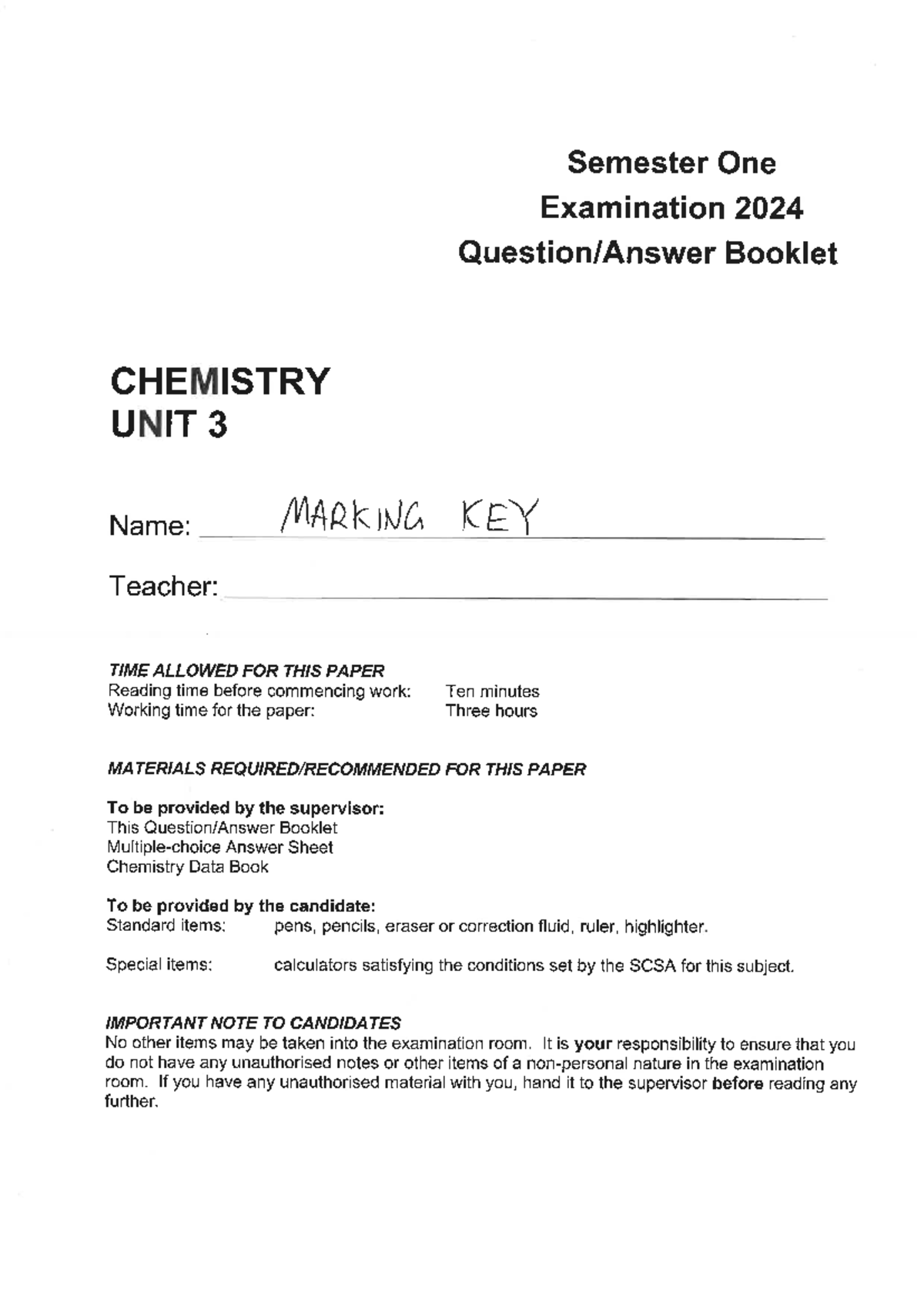 Year 12 Semester 1 Exam 2024 Marking Key for Chemistry Unit 3 - Studocu