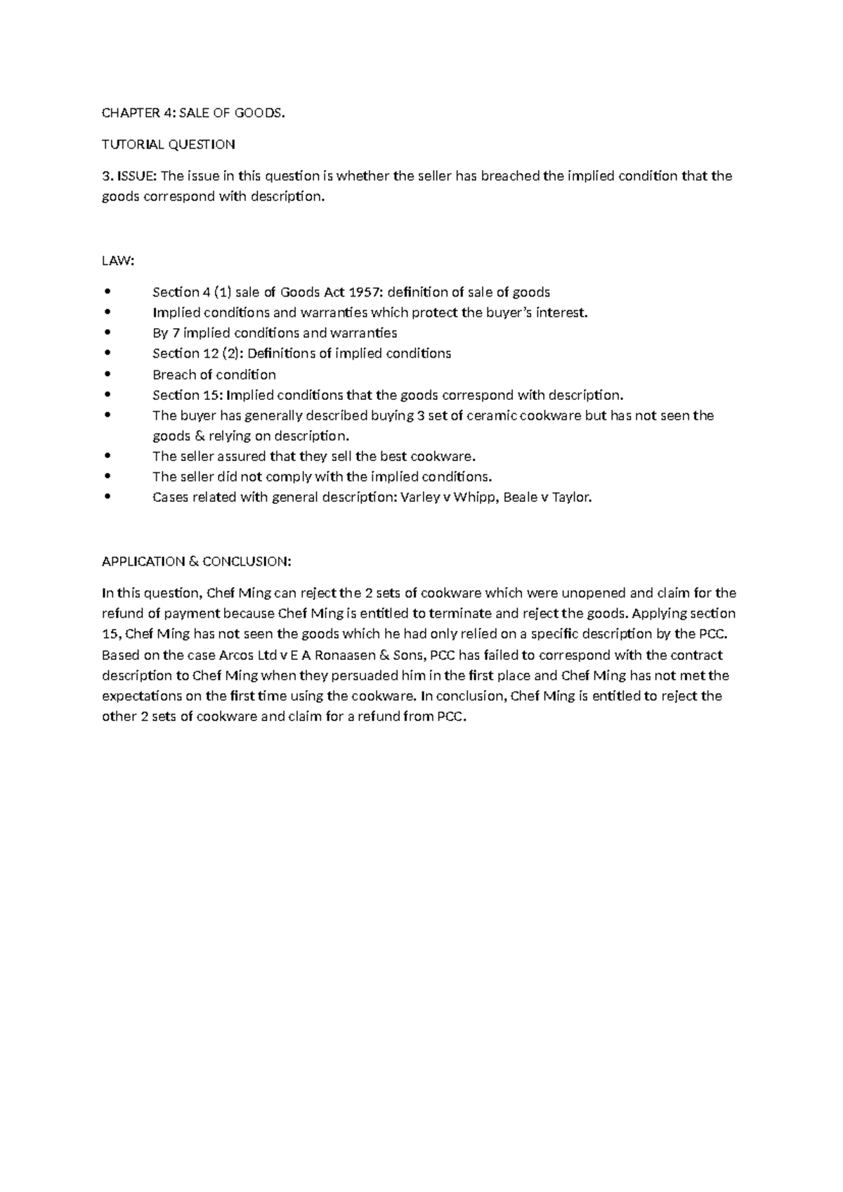 Law 101 - Sale of Goods Act: Key Issues and Applications in Cases - Studocu