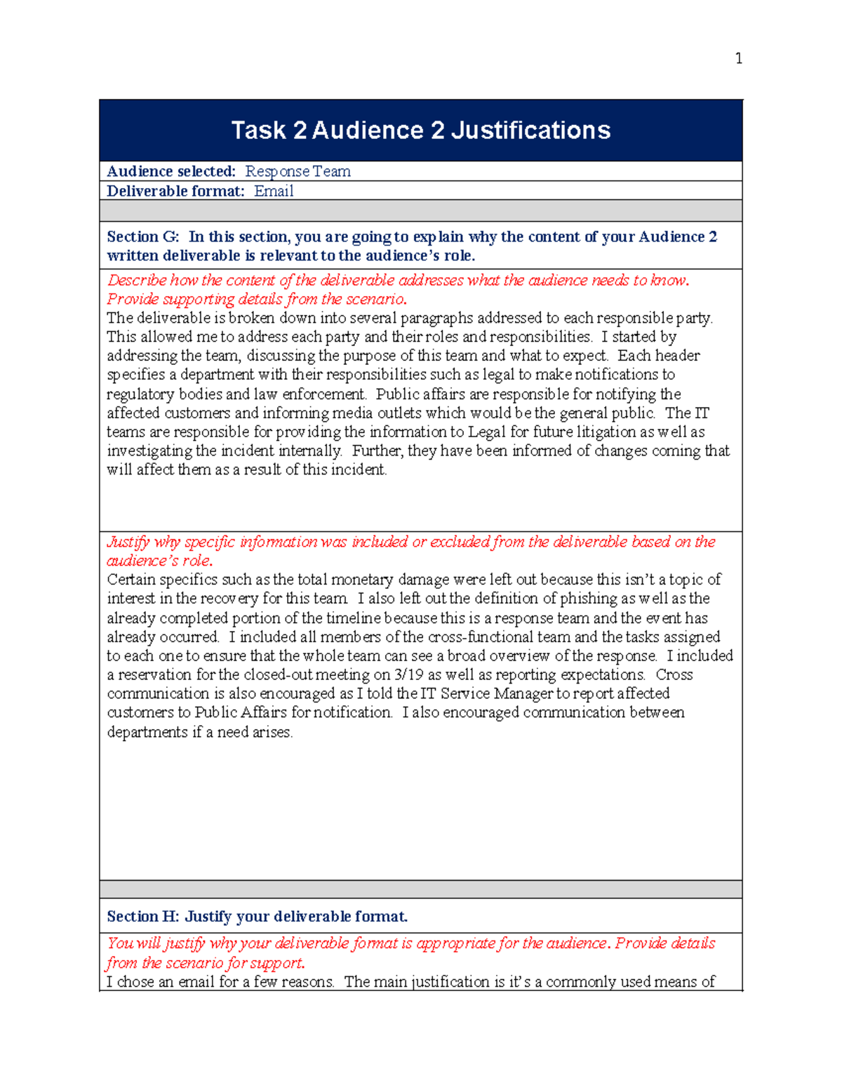 C948 Task 2 Audience 2 Justification: Response Team Email Analysis ...