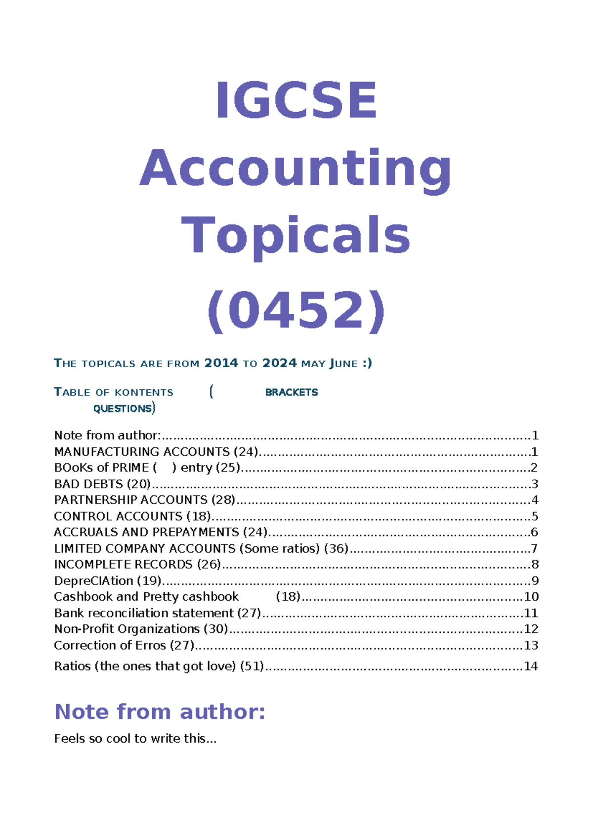 IGCSE Accounting Topicals (0452) 2014-2024: Comprehensive Question List ...