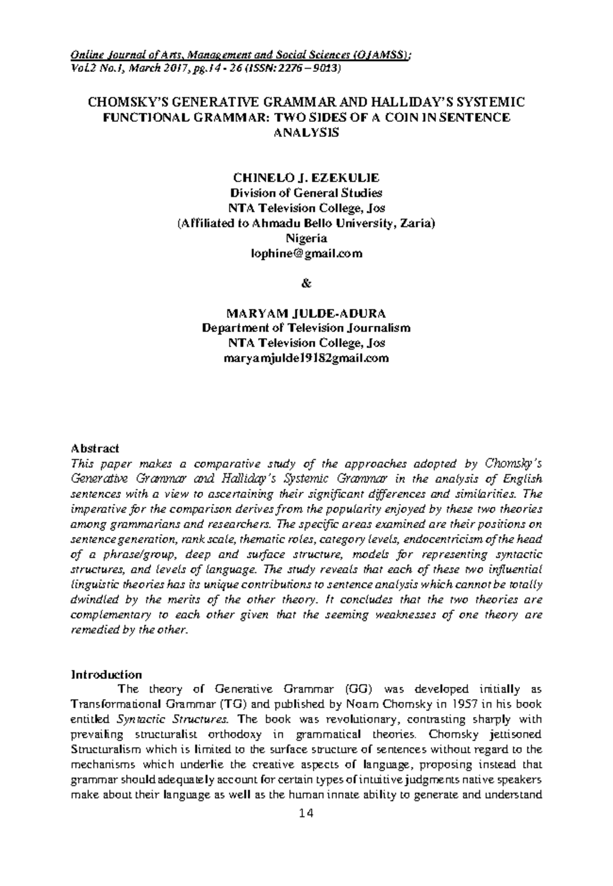Comparative Analysis of Generative and Systemic Functional Grammar (ENG ...
