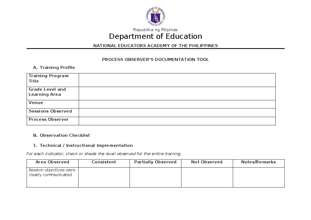 Process Documentation Tool for Training Programs: Observations ...