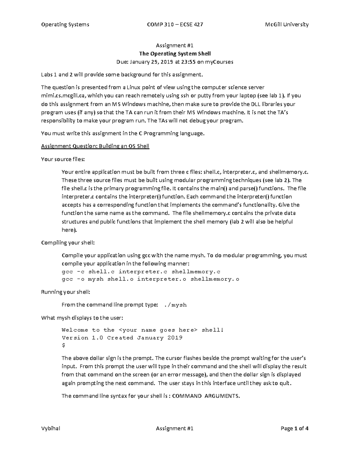 310Assignment 1Winter 2019 - Operating Systems COMP 310 – ECSE 427 ...