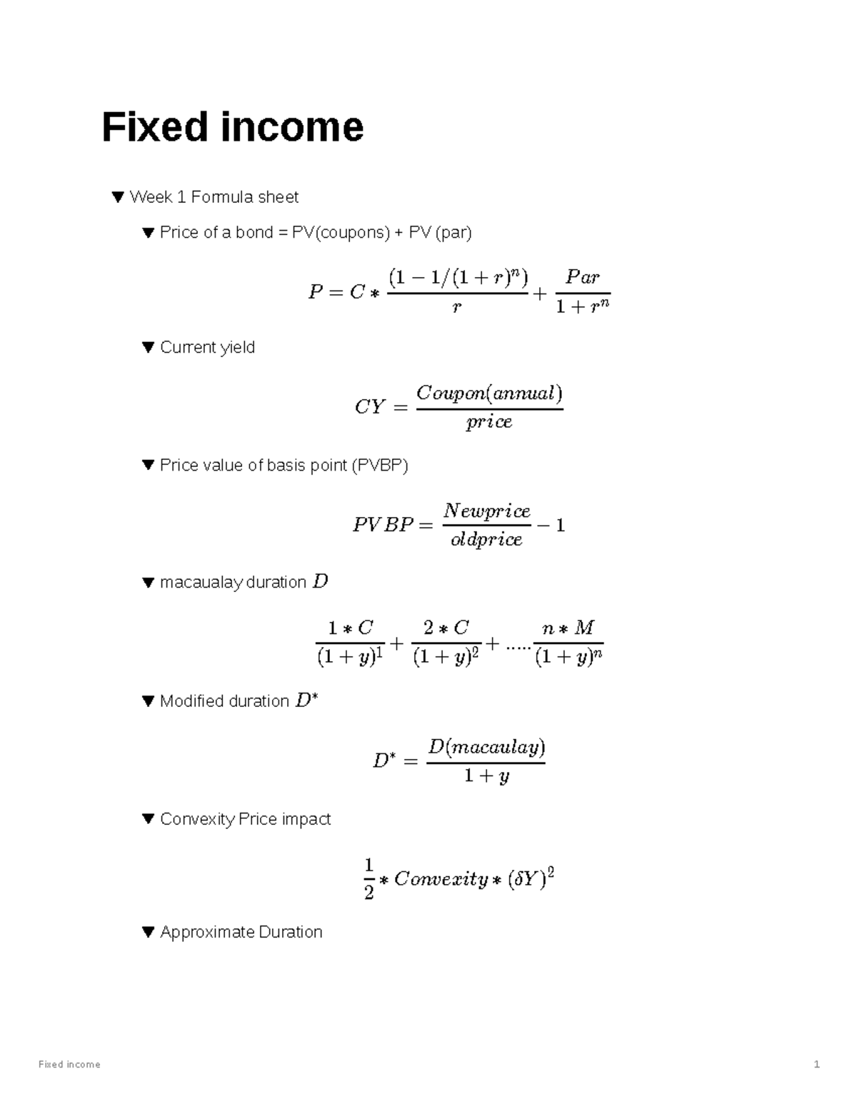 Fixed Income Notes (L1 & L2) - Key Formulas & Concepts - Studeersnel