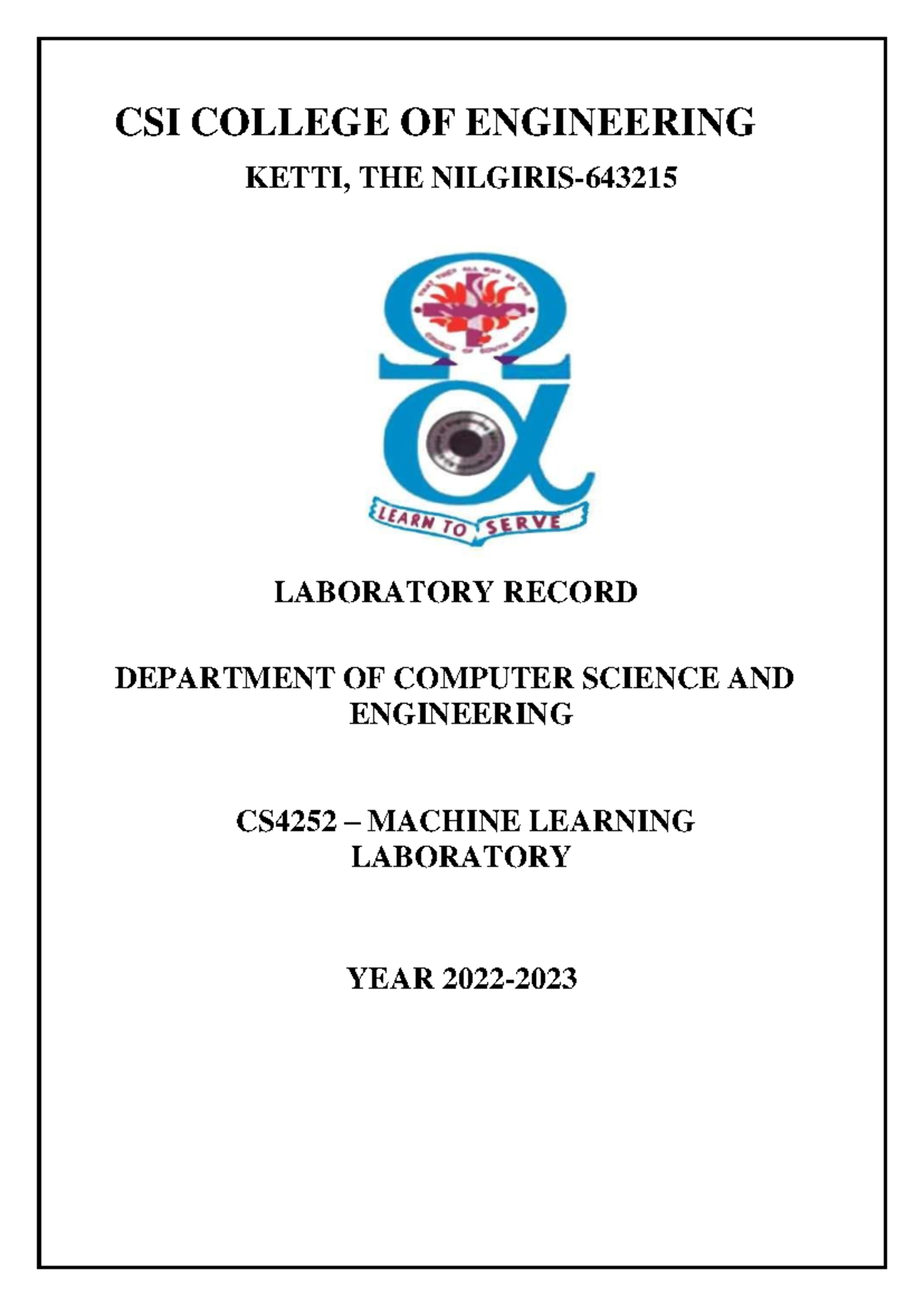 CS4252 Machine Learning Laboratory Record - Practical Exercises - Studocu