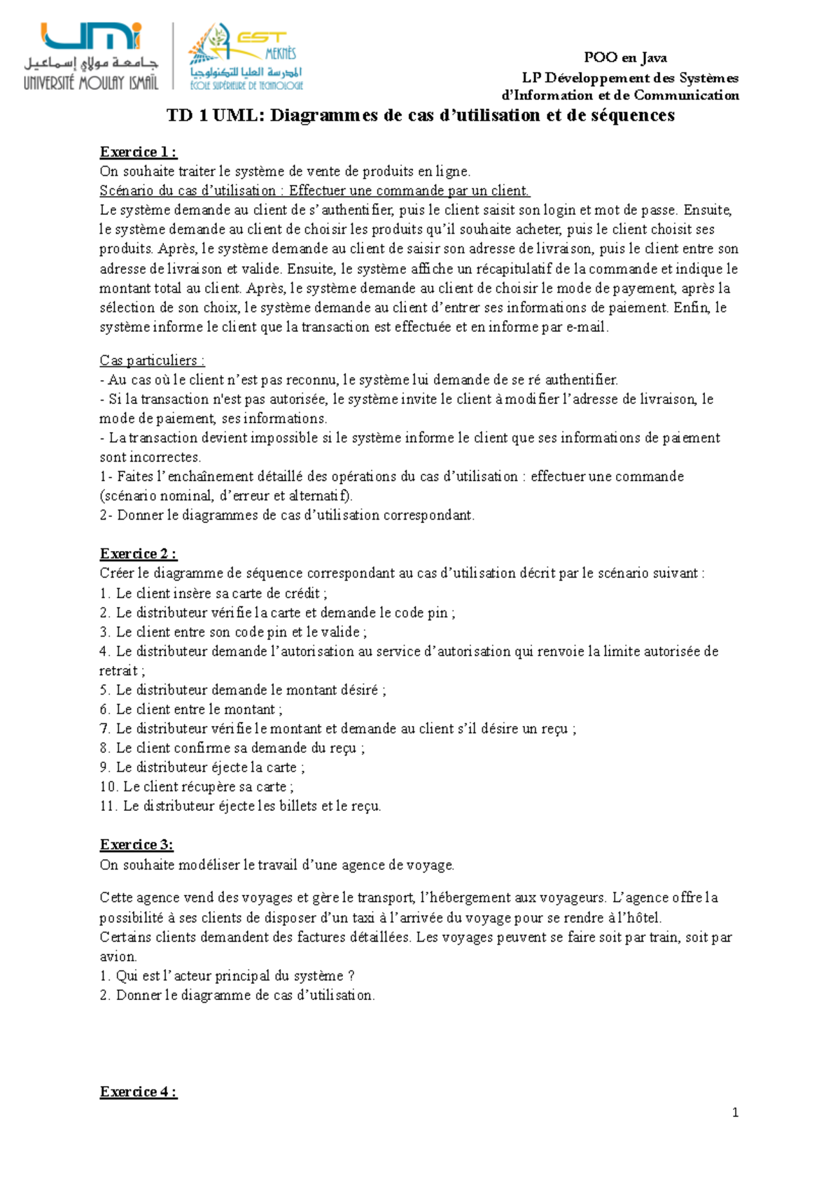 TD 1 UML: Diagrammes de cas d'utilisation & de séquences POO Java - Studocu