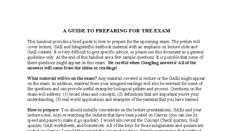 Exam 2 Prep Guide for GAE & IntegrateBio Material - Studocu