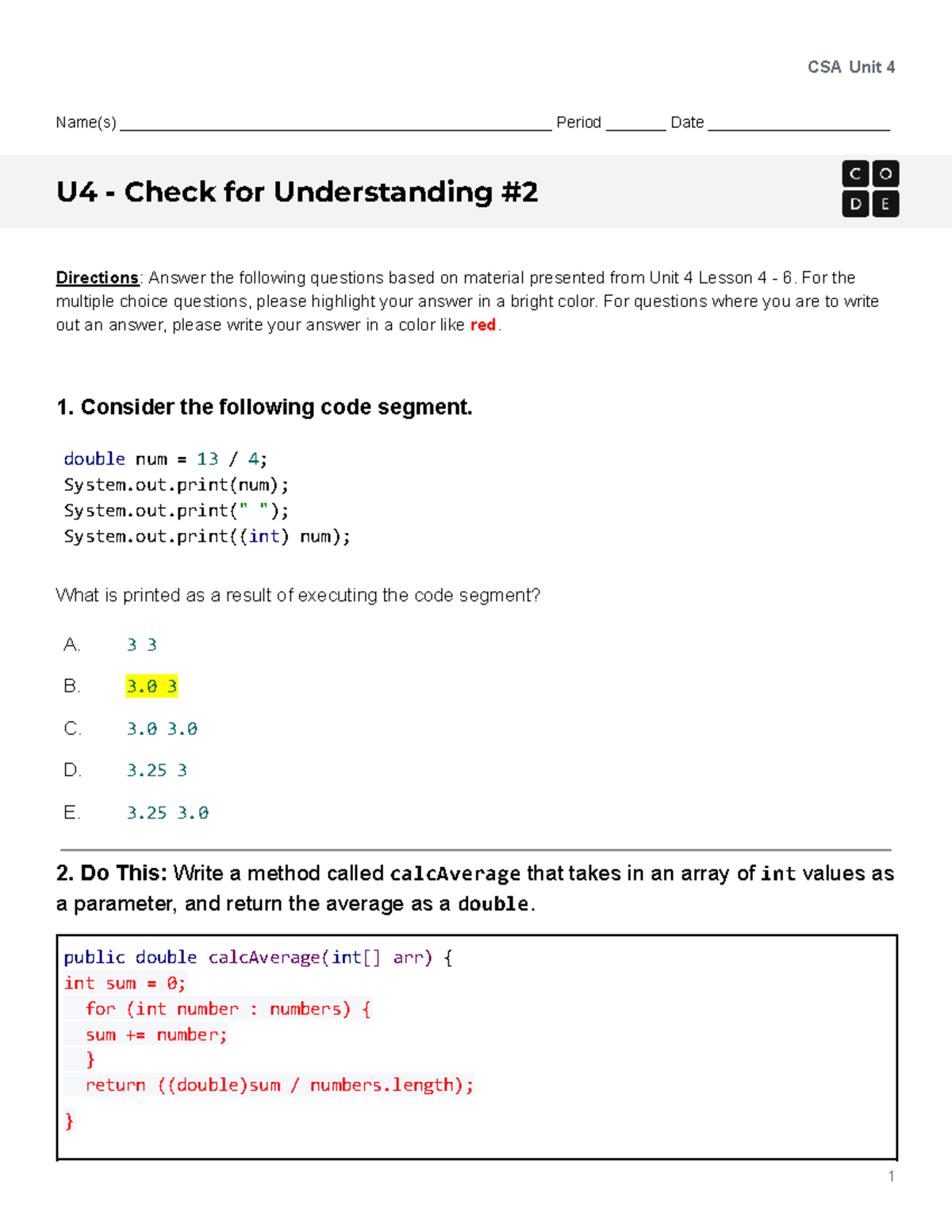 Unit 4 Lesson 4-6 Check for Understanding - CSA Assignment - Studocu