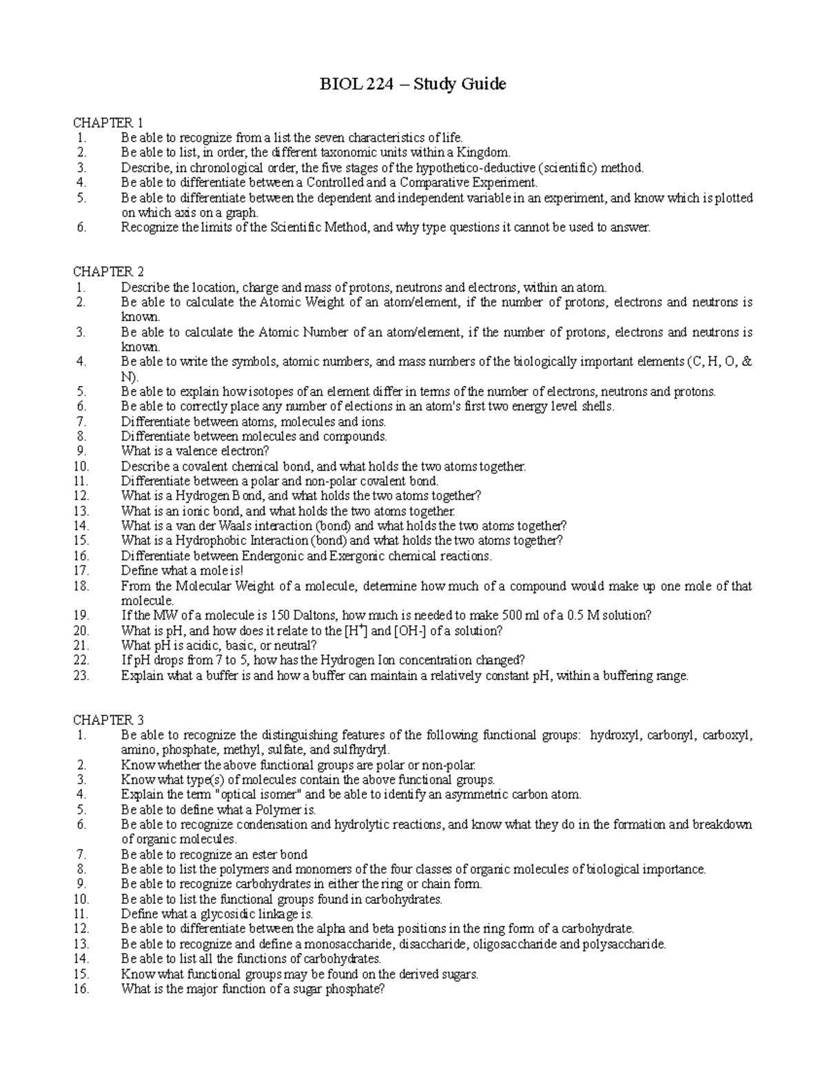 Biol 224 Study Guide 2018 - BIOL 224 – Study Guide CHAPTER 1 Be able to ...