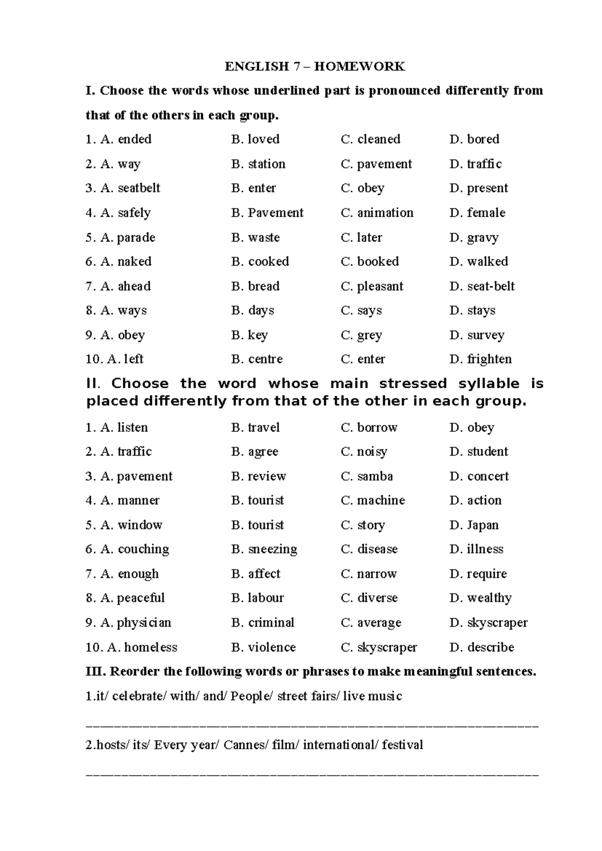 ENGLISH 7 HOMEWORK 21 - UNIT 8: Pronunciation & Stress Exercises - Studocu