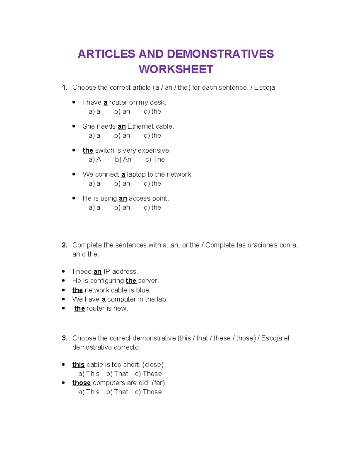 Articles and Demonstratives Worksheet - ESL Practice - Studocu