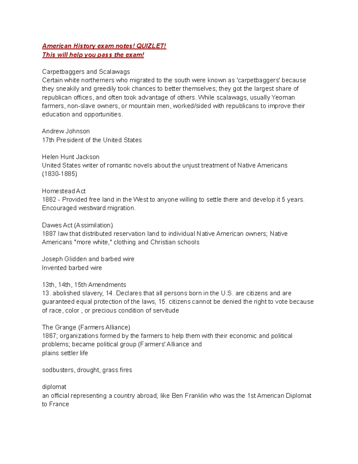 American History Exam Notes: Key Topics & Terms for Quizlet - Studocu