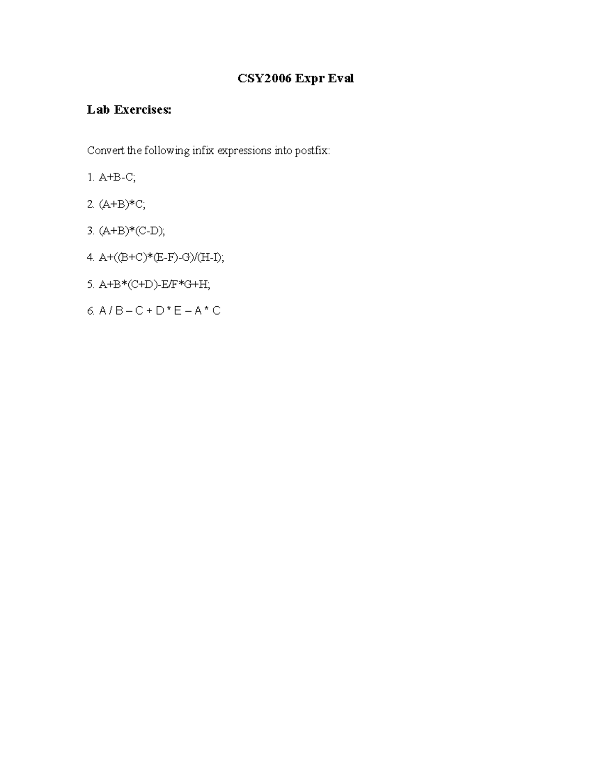 CSY2030 Week 4 Lab Exercises: Infix to Postfix Expression Conversion ...