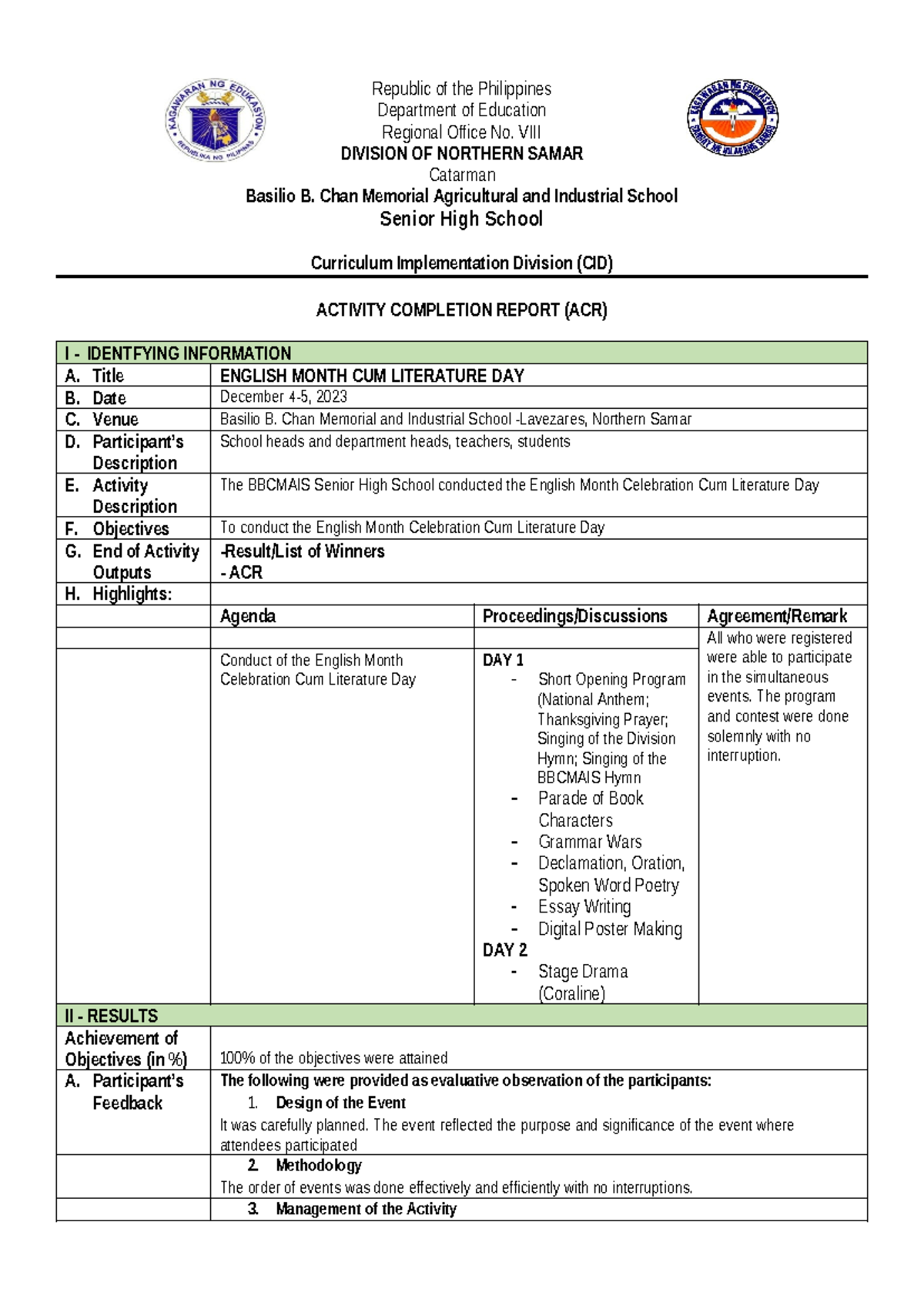ACR English - Activity Completion Report: English Month Celebration Day ...