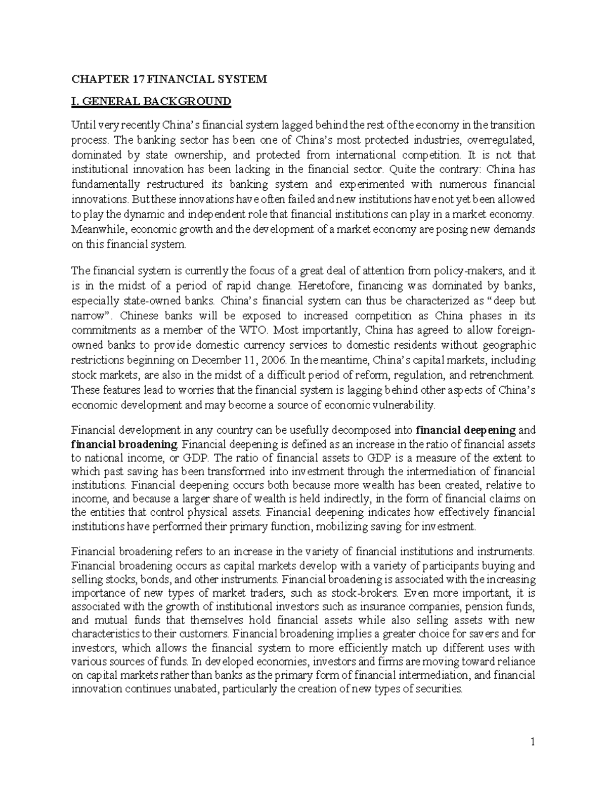 Chapter 14 Financial System - CHAPTER 17 FINANCIAL SYSTEM I. GENERAL ...